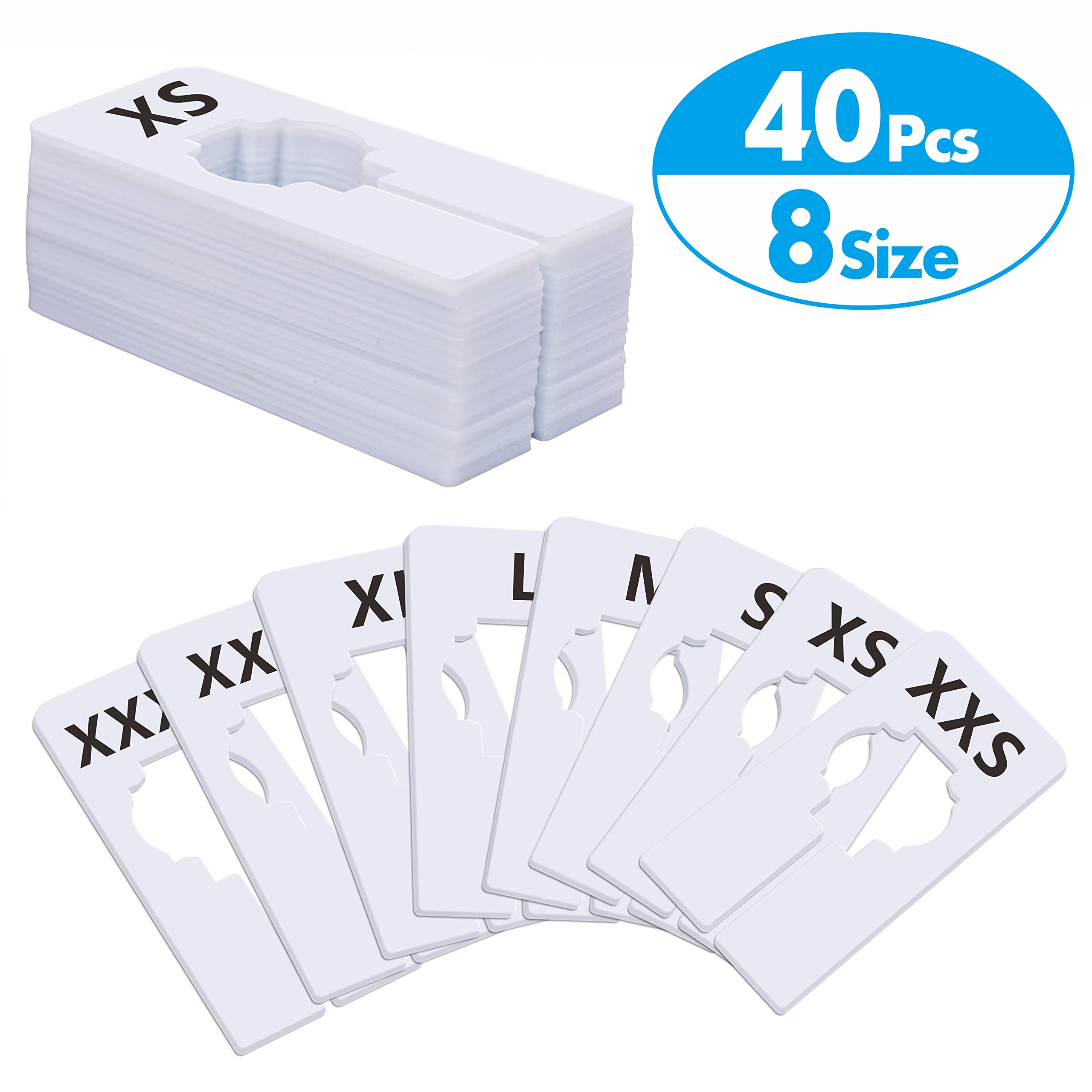 40 Pack Rectangular White Plastic Clothing Size Closet Rack Dividers Hangers, Preprinted In 8 Sizes Xxs, Xs, S, M, L, Xl, Xxl, X