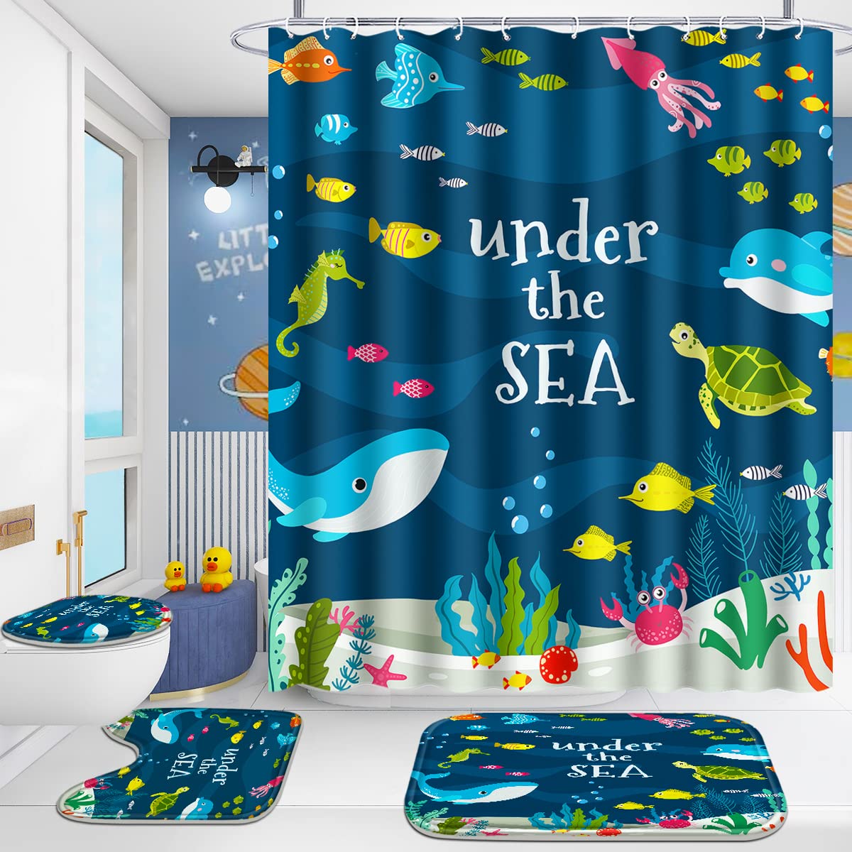 Poedist 4 Pcs Bathroom Shower Curtain Sets,Kid'S Shower Curtain Sets With Rugs(Bath Mat,U Shape And Toilet Lid Cover Mat) And 12