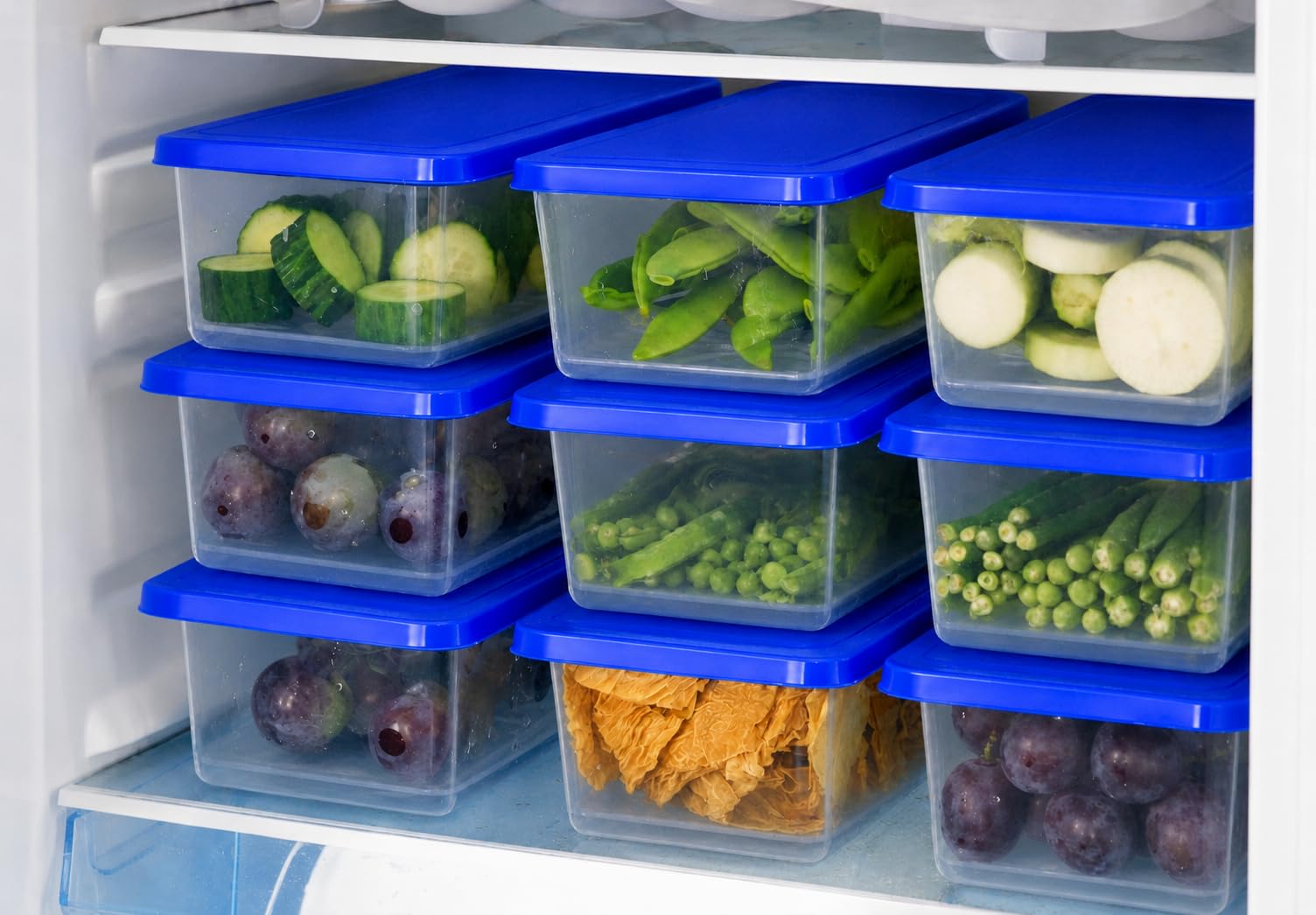 Meteor Fridge Storage Containers Set Of 6, 1500Ml, Transparent Plastic With Blue Lids, Stackable, For Fruits & Vegetables