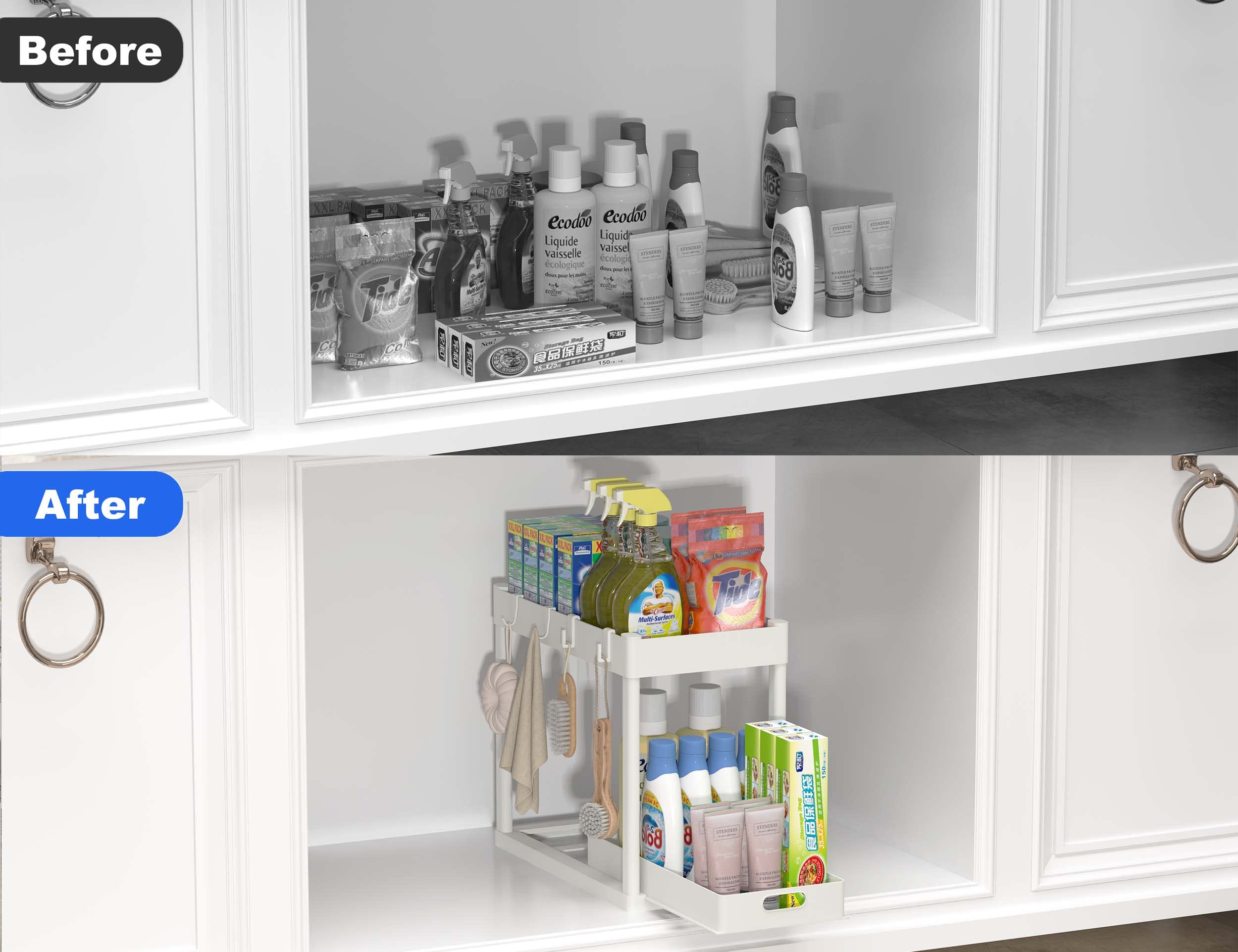 2Pc Under Sink Organizer Rack 2 Tier Under Sliding Cabinet Basket Organizer Drawer With 4 Hooks, Multi-Purpose Under Sink Storag