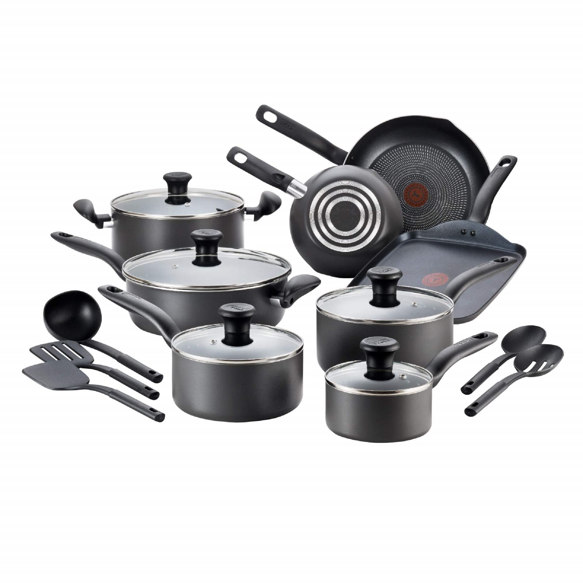 T-fal Initiatives Nonstick Cookware Set 18 Piece, Oven Broiler Safe 350F, Kitchen Cooking Set w/Fry Pans, Saucepans, Stockpots,
