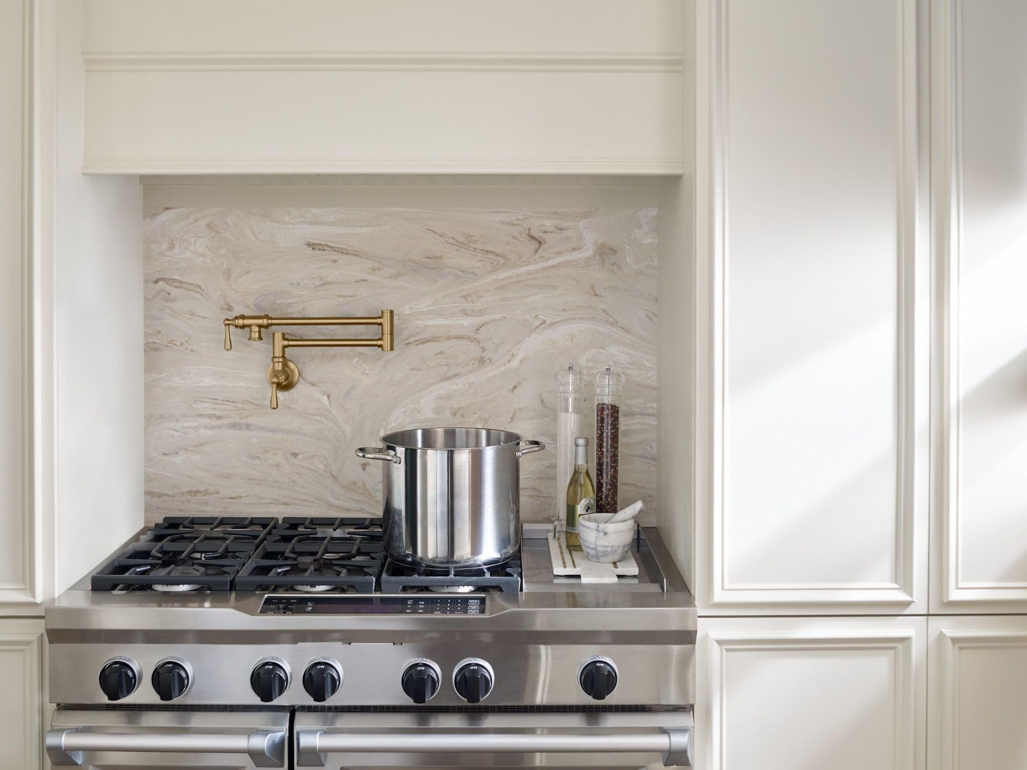 Moen Brushed Gold Traditional Double Jointed Wall Mount Swing Arm Folding Pot Filler Kitchen Faucet, S664Bg