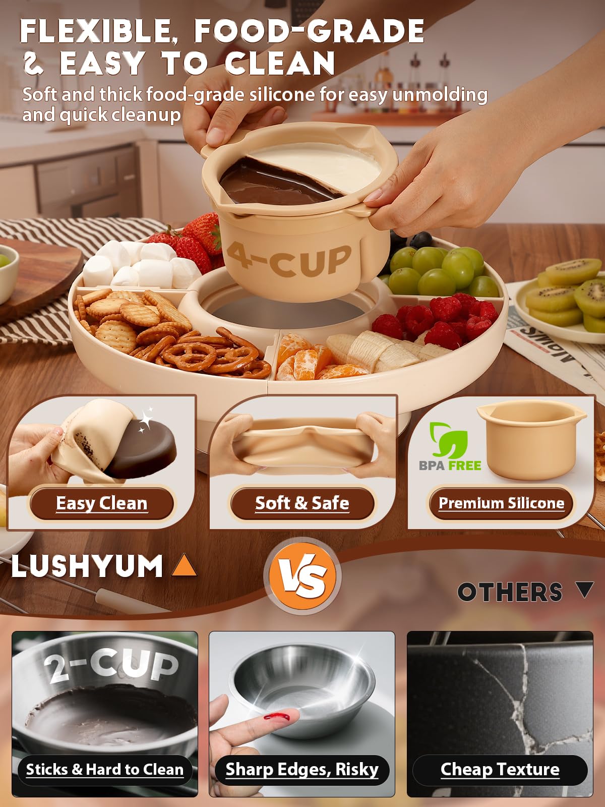 LUSHYUM Chocolate Fondue Pot Set Electric Melting Machine, 4-Cup Capacity 4 Trays 5 Forks 1 Spatula Cheese Warmer, Ideal Gift fo
