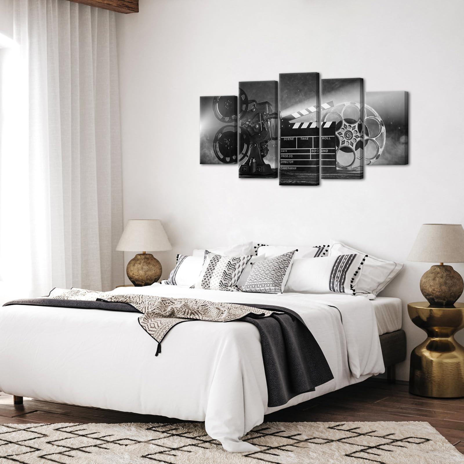 Levvarts Large 5 Piece Canvas Wall Art Classic Old Fashion Film Reels Poster Filmmaking Concept Scene Black And White Pictures F