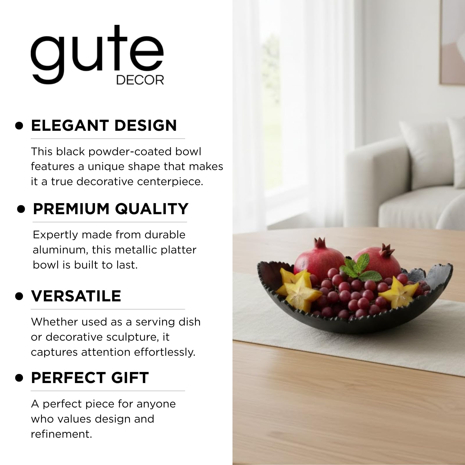 Black Powder Coated Platter Bowl – Modern Aluminum Decorative Centerpiece