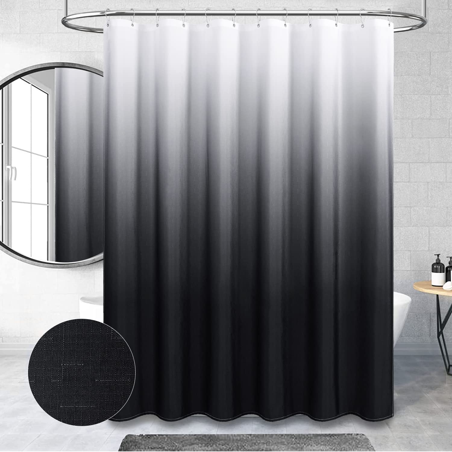 BTTN Black Fabric Shower Curtain  Ombre Linen Textured Weighted Cloth Shower Curtain Set with Plastic Hooks  Machine Washable  Water Repellent  Hotel Spa Decorative Shower Curtains for Bathroom  72x72