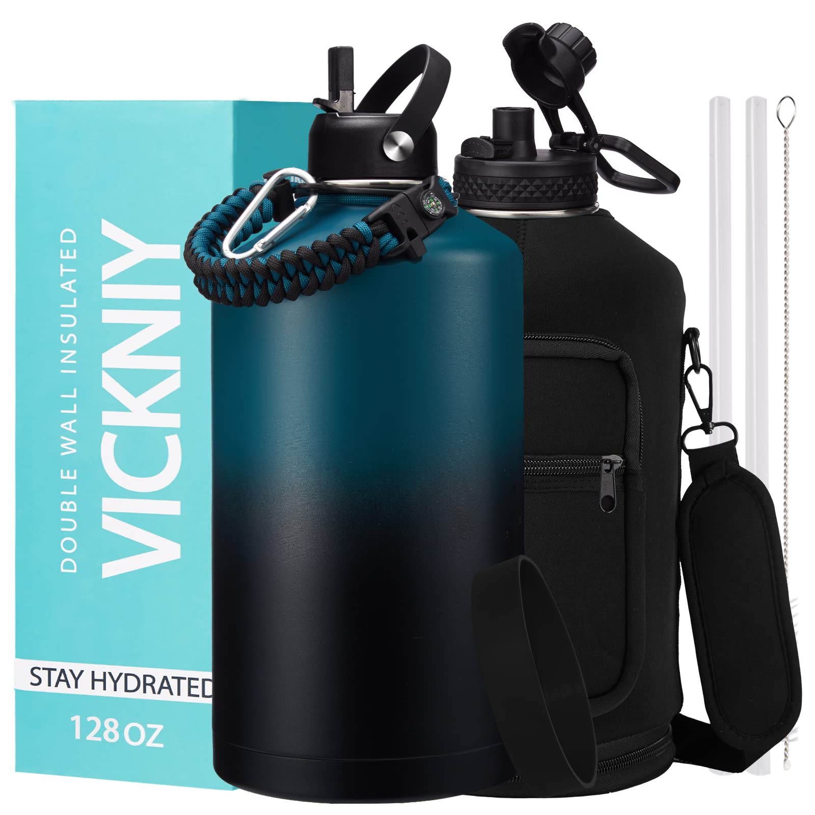 Large Insulated Water Bottles 1 Gallon - Water Jug With Strap Carrier Bag, Straw & Spout Lid, Paracord Handle, Bottle Boot, Big