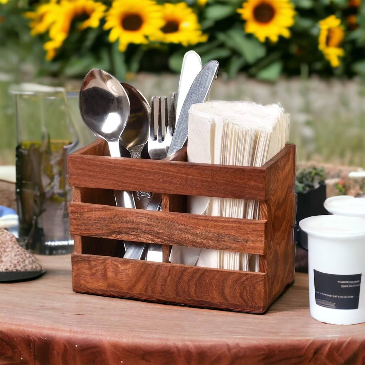 Craftize Mstore Wooden Cutlery Spoon Holder Rack For Kitchen | Medium 6X3.5X4.5 Inches | Brown Wood Organizer Stand, Cutlery Sta