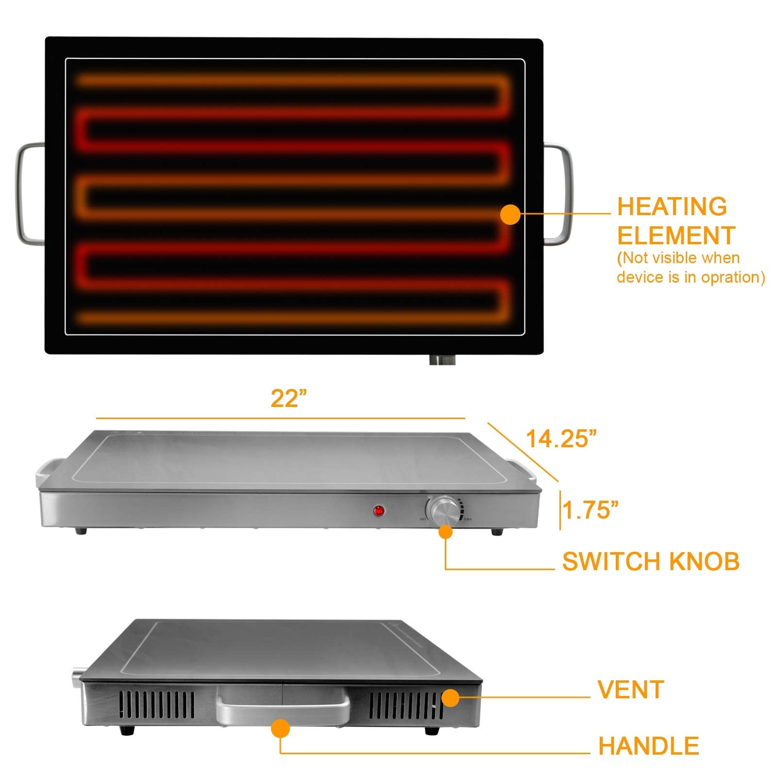 Megachef Fully Adjustable Buffet And Banquet Electric Food Hot Plate Warming Tray, 25'', Black And Chrome