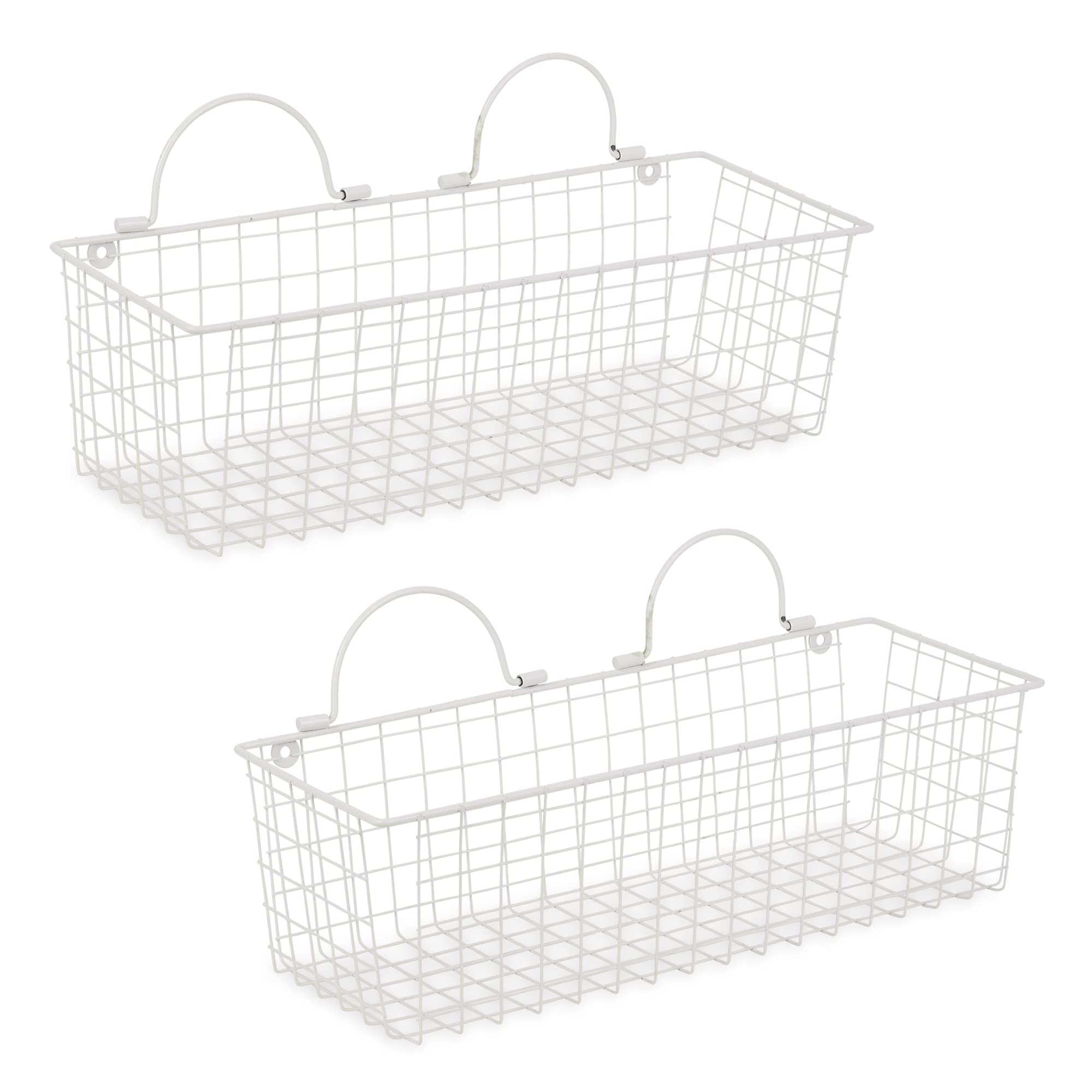 MEDIUM ANTIQUE WHITE WIRE WALL BASKET SET/2