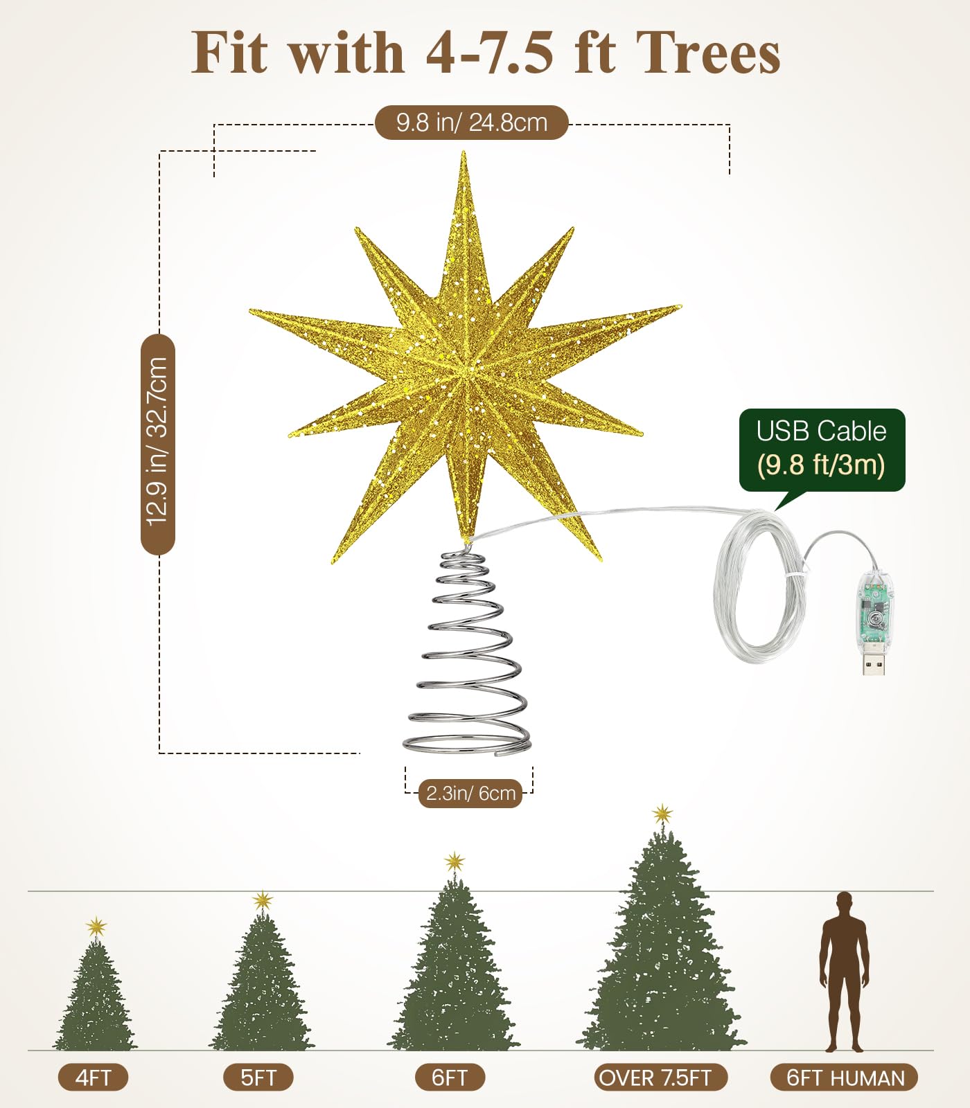 Luxspire Christmas Tree Topper, Lighted Star Tree Topper with USB Plug-in & Remote Control, 9.8 Christmas Tree Star Lights for H