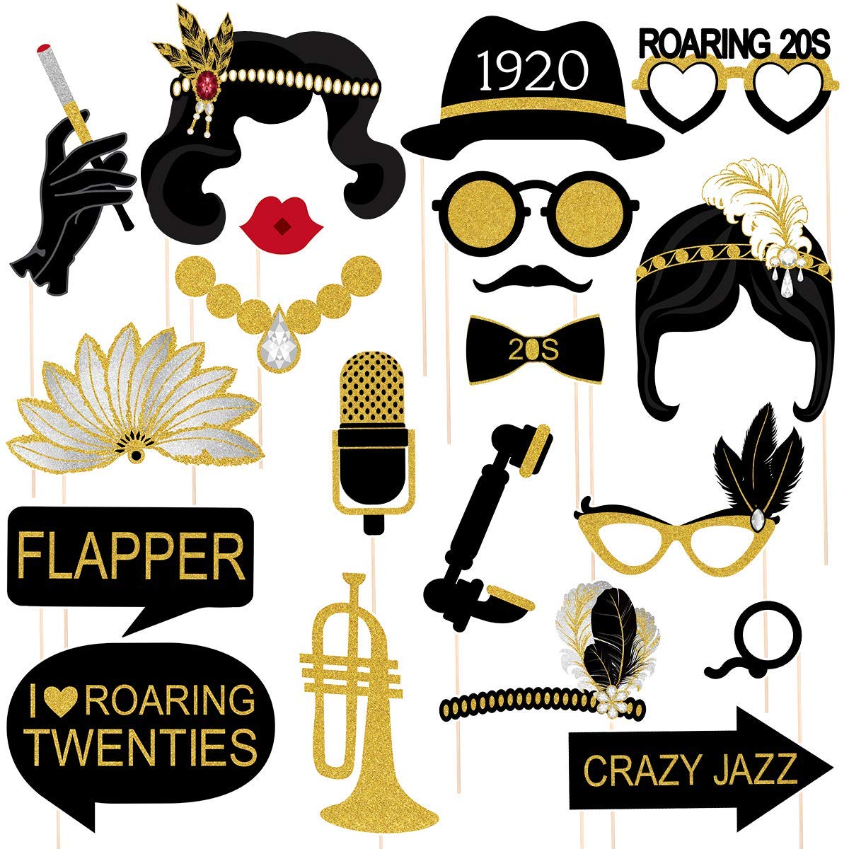 Tinksky 20Pcs 1920S Photo Booth Props Roaring 20'S Party Photo Props With Bamboo Sticks Creative Party Supplies,Perfect 1920S Th
