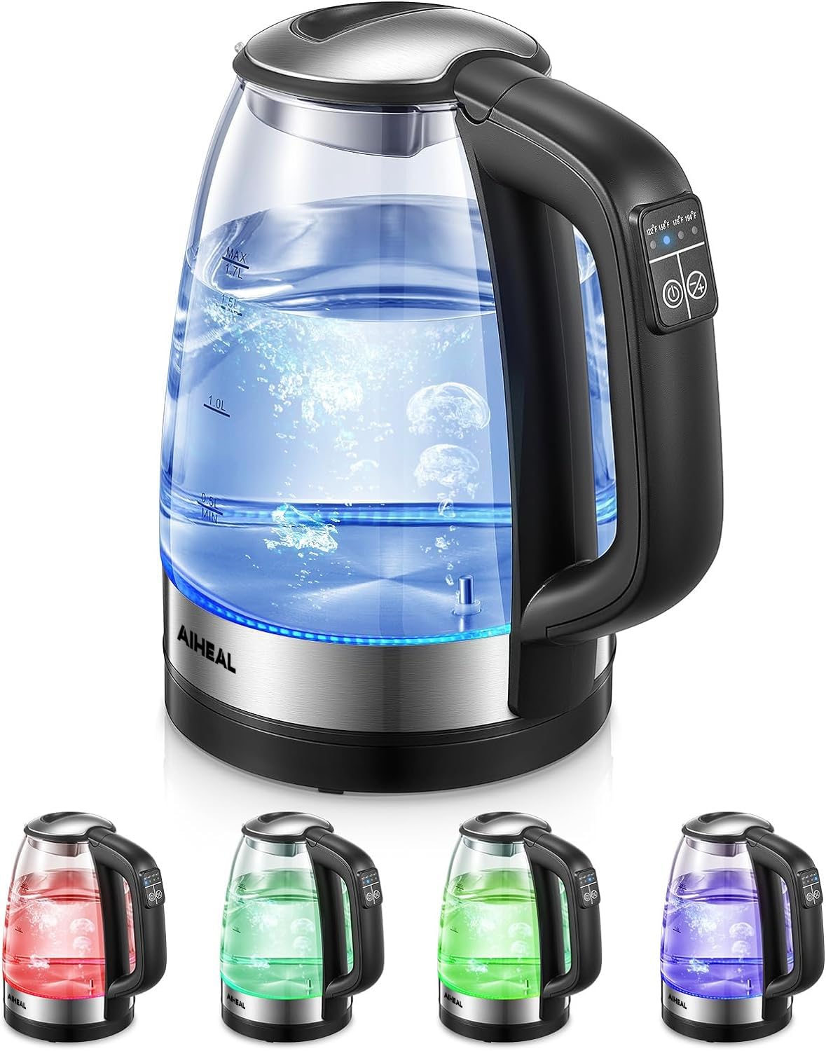 Electric Kettle, Aiheal Glass Kettle Temperature Control With 5 Colors Led Lights Variable, Keep Warm, Fast Boiling Electric Ket