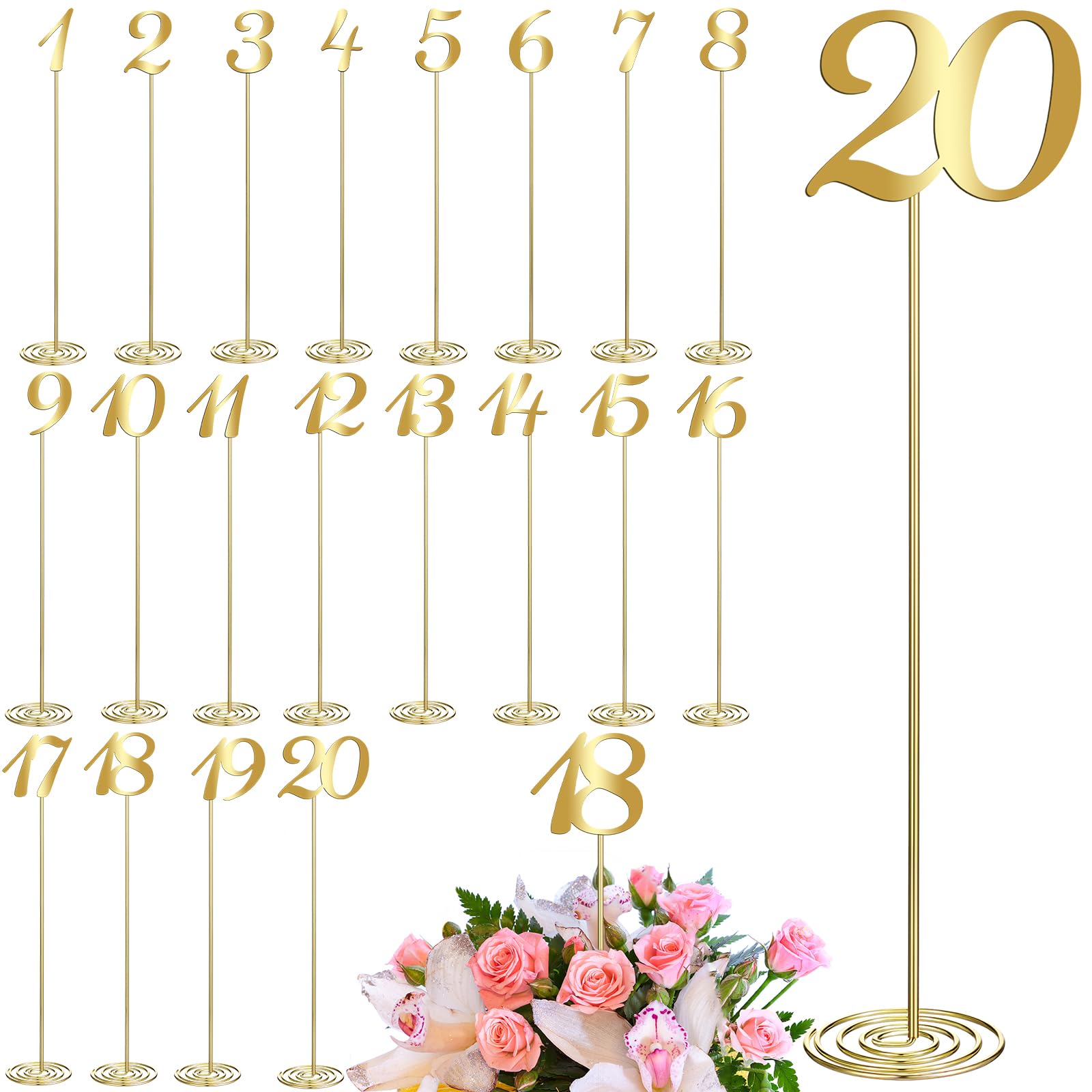 Therwen 20 Pcs Metal Table Numbers 1-20 Table Numbers For Wedding Reception 12 Inch Stainless Steel Party Table Number With Stur