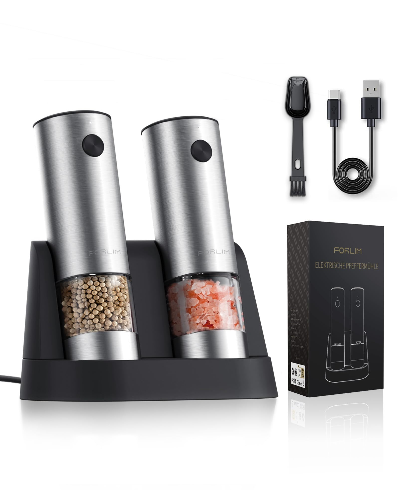 FORLIM Electric Salt and Pepper Grinder Set, USB Rechargeable Automatic Salt and Pepper Grinder Set with Upgraded Base, One Hand