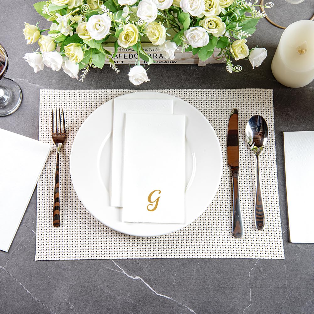Luxenap 15.8 X 7.9 Inch Linen-Feel Guest Towels, 50 Lettered Hand Towels - Gold Letter 'G', Cursive Font, White Paper Dinner Nap