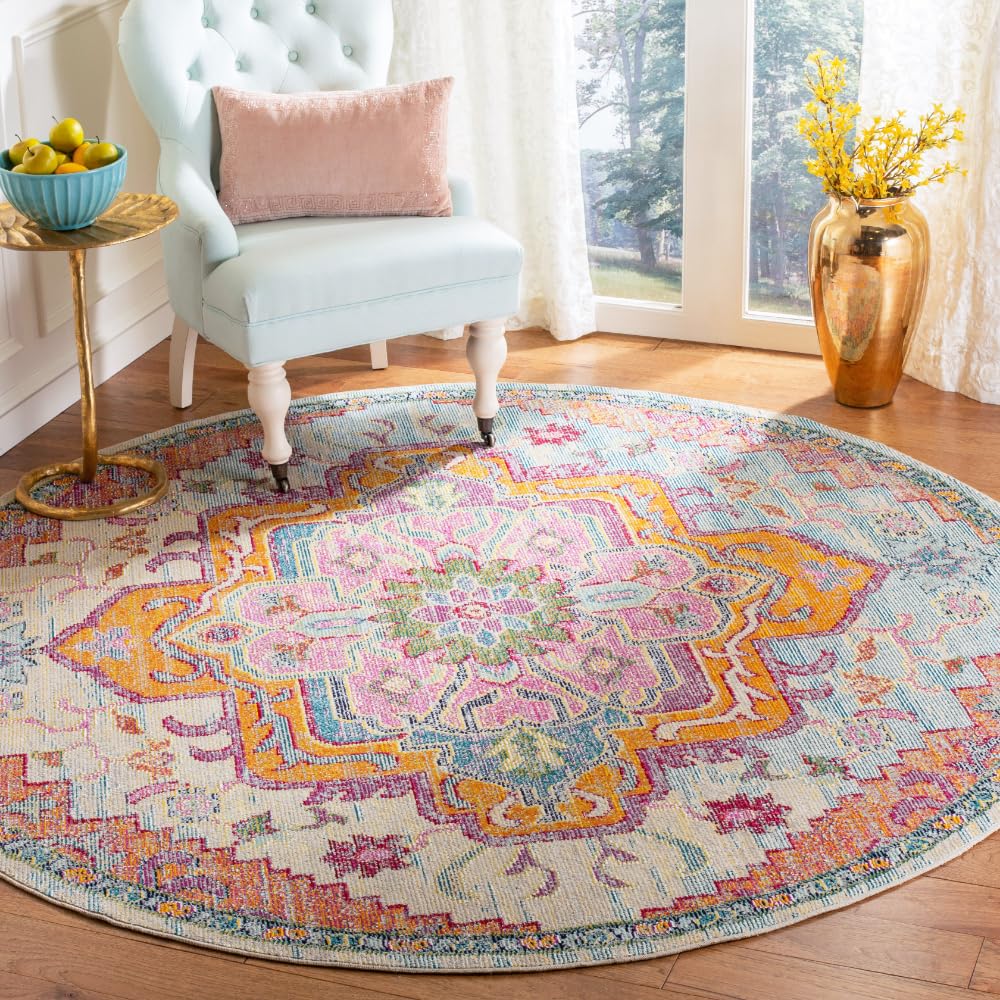 SAFAVIEH Crystal Collection Area Rug - 7 Round, Light Blue & Fuchsia, Medallion Distressed Design, Non-Shedding & Easy Care, Id