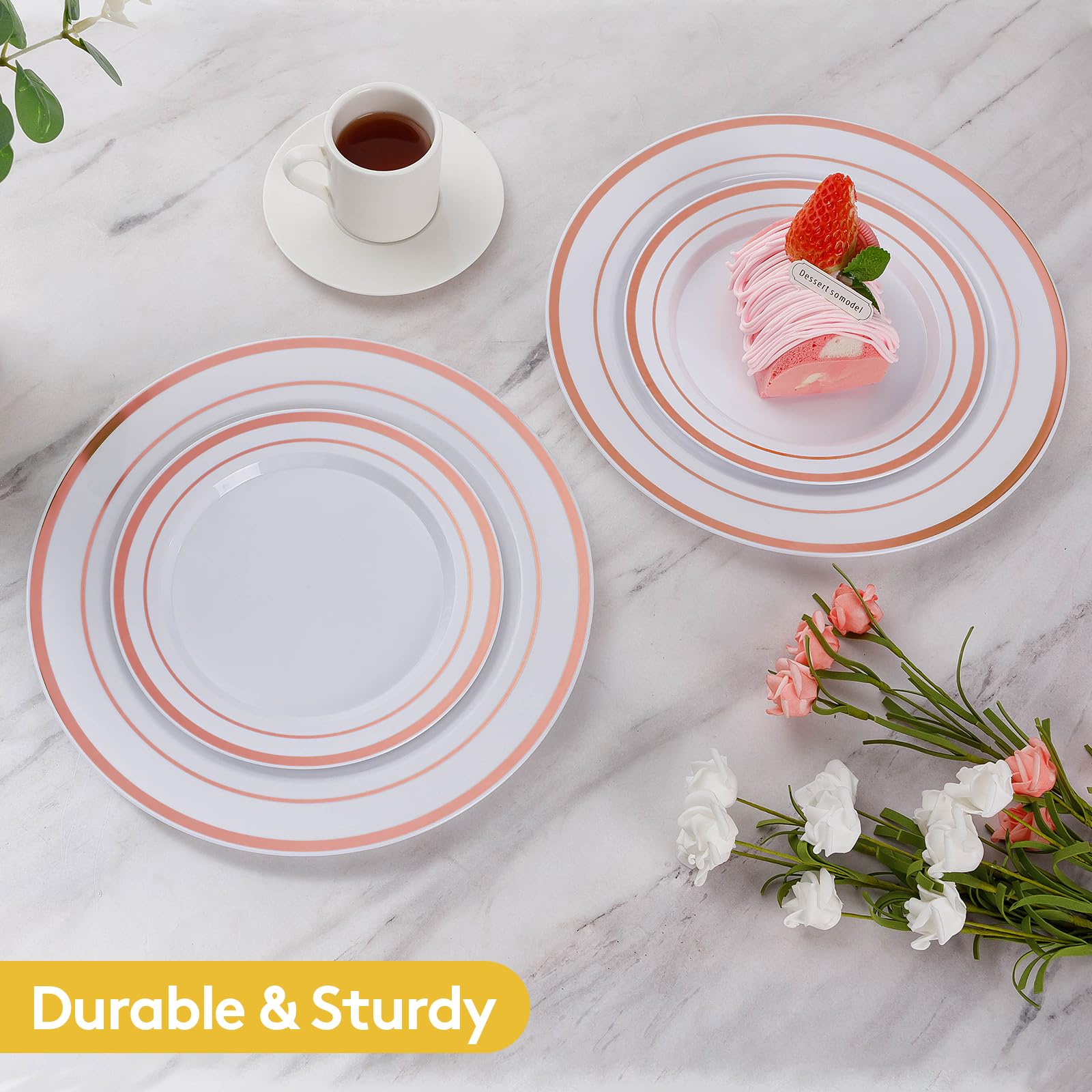 Goodluck 200Pcs Rose Gold Plastic Plates, Heavy Duty Disposable Rose Gold Plates With 100 10.25 Inch Dinner Plates And 100 7.5 I