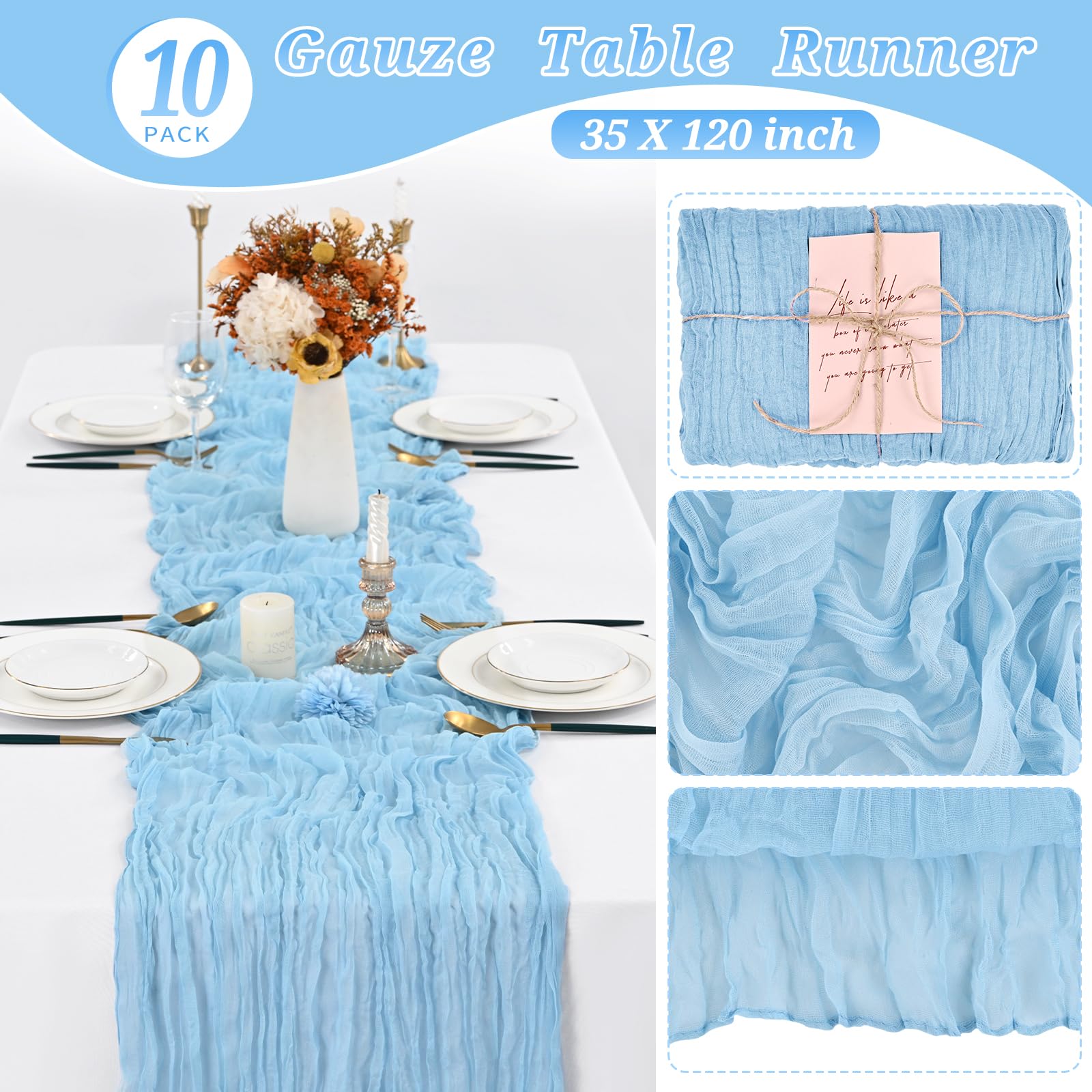 10 Pcs Baby Blue Cheesecloth Table Runner 10Ft, Gauze Table Runner For Wedding Reception Sheer Bridal Shower Birthday Party Boho
