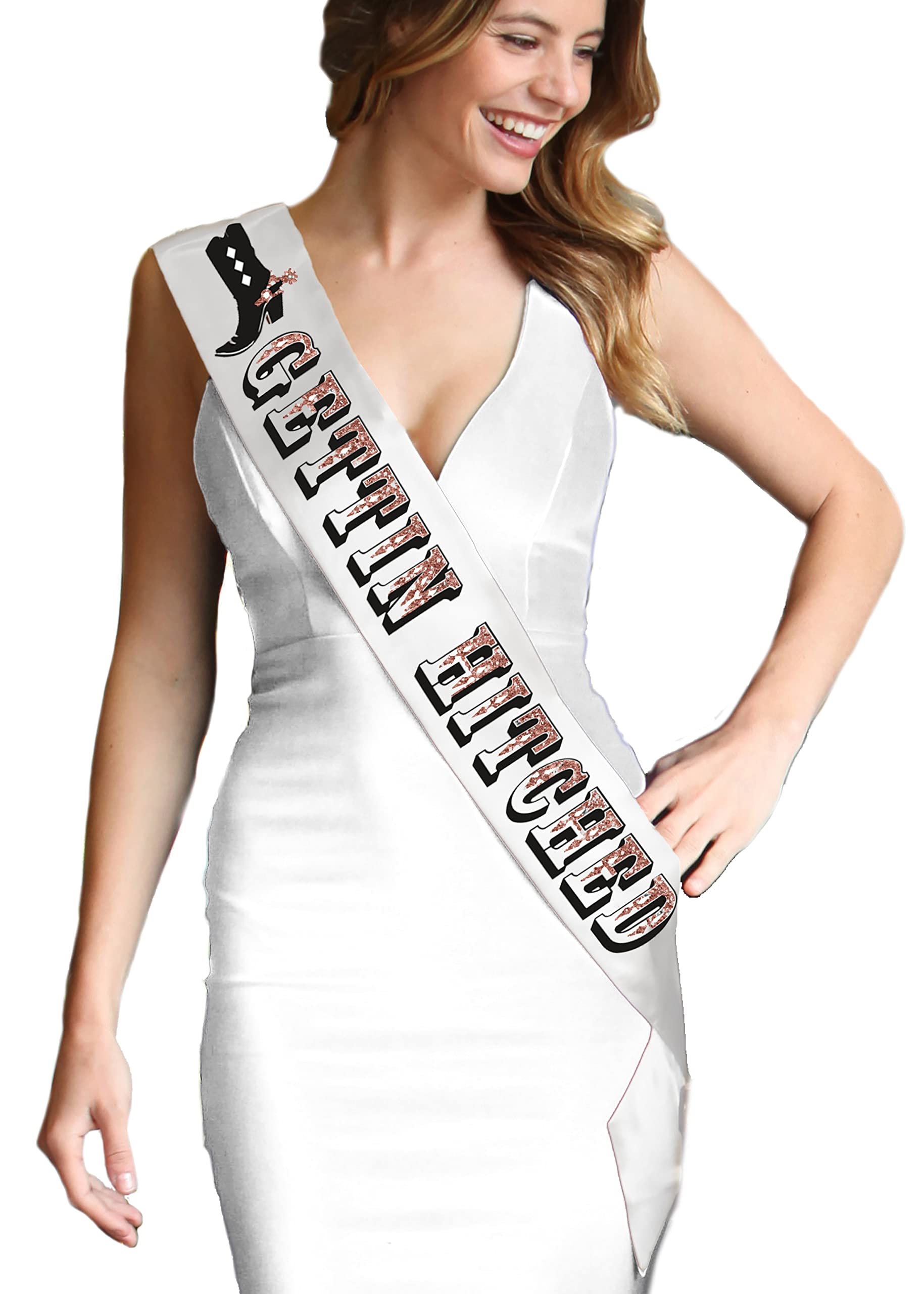 Country Bride Sash - Gettin Hitched Rose Gold Sparkle White Bridal Grade Satin Sash - Cowgirl Bachelorette Party Gift - White Sa
