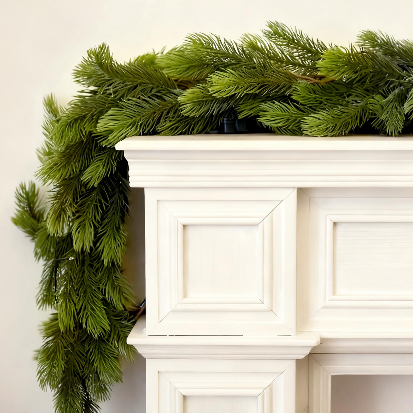 9FT Real Touch Norfolk Pine Christmas Garland with Light Winter Artificial Faux Greenery Garland Table Mantle Stairs Fireplace W