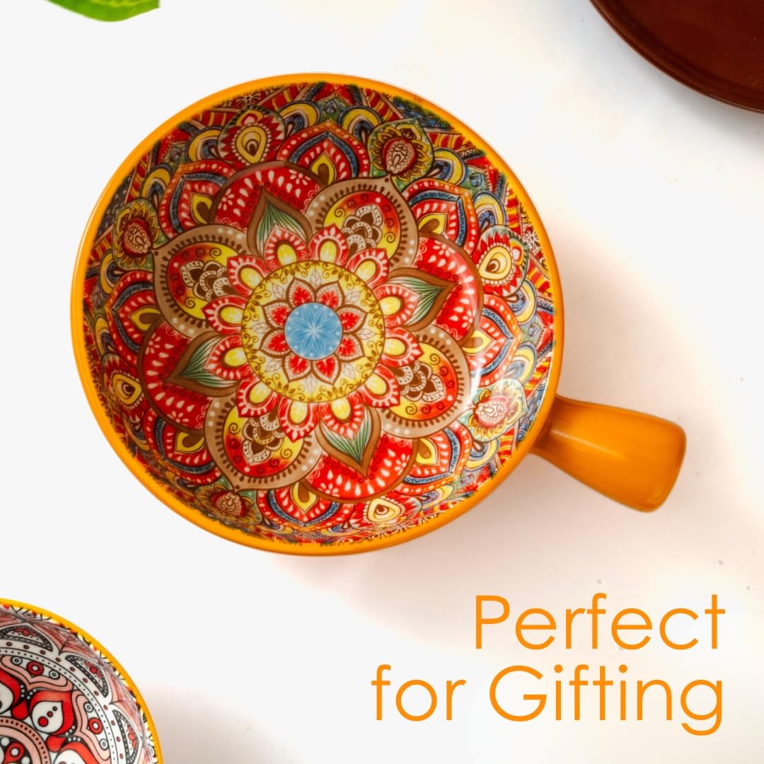 Femora Ceramic Snack Bowl With Handle | Serving Bowl With Handle | Microwave & Dishwasher Safe Big Bowls Perfect For Snacks, Noo