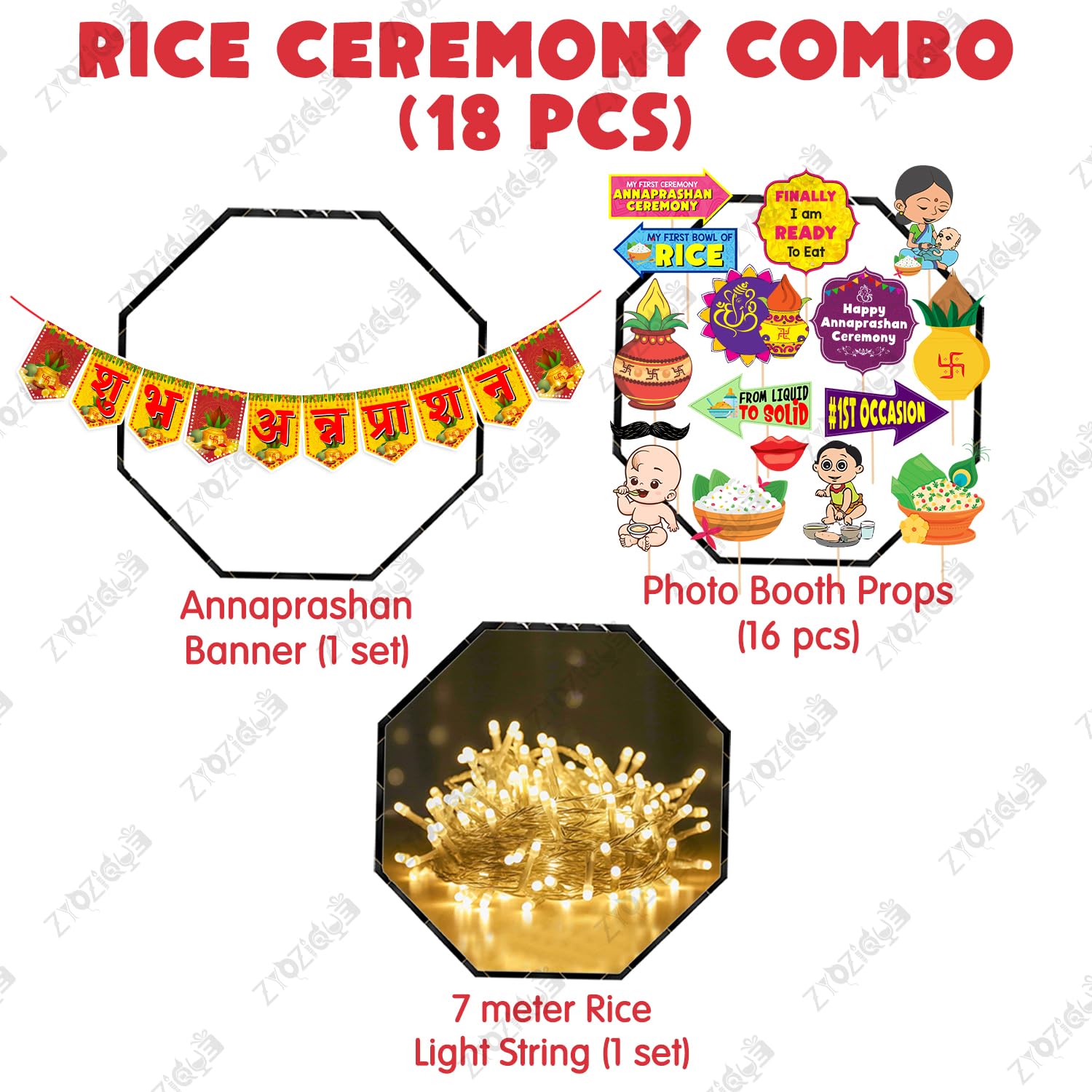 Zyozique  Annaprasanam Photo Booth Props With Annaprasanam Paper Bunting Paper Banner Hindi Font Shubh Annaprashan | Rice Ceremo