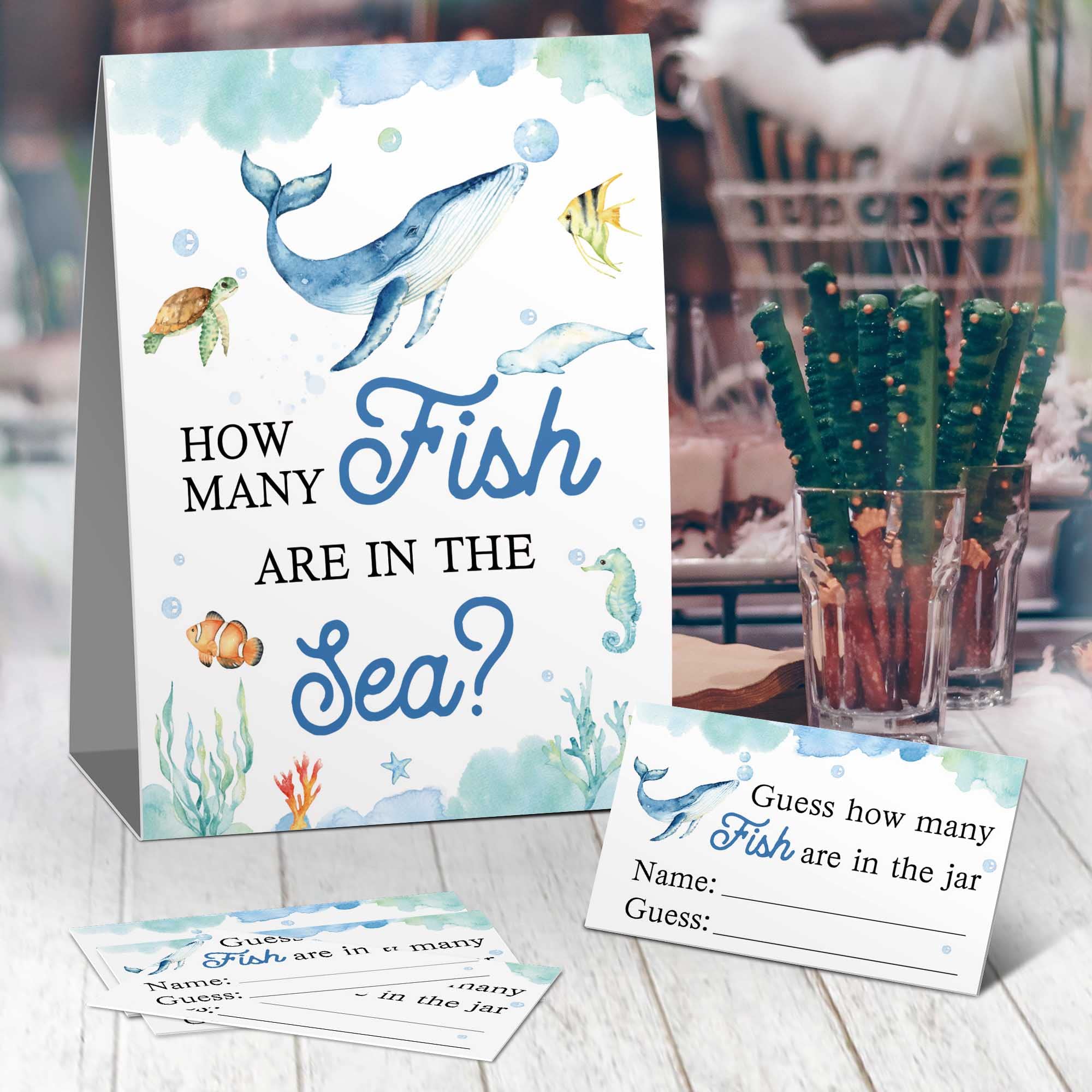 Guess How Many Fish In The Sea Mermaid Party Game ,How Many Candy Sharks Game, Watercolor Ocean Themed Baby Showers Decorations