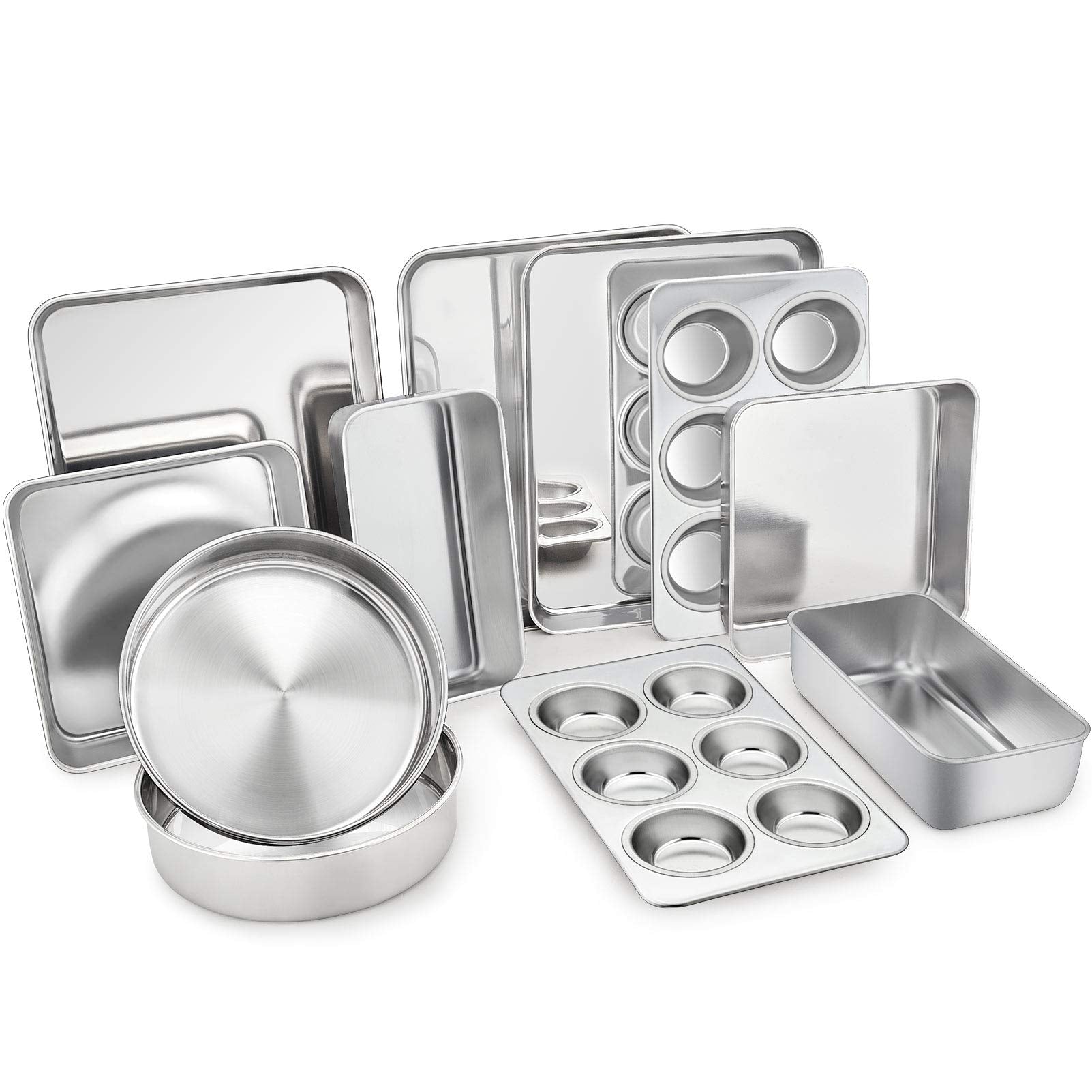 TeamFar Stainless Steel Bakeware Set of 11, Toaster Oven Baking Pan Set, Lasagna Pan, Square & Round Cake Pan, Loaf Pan & Muffin