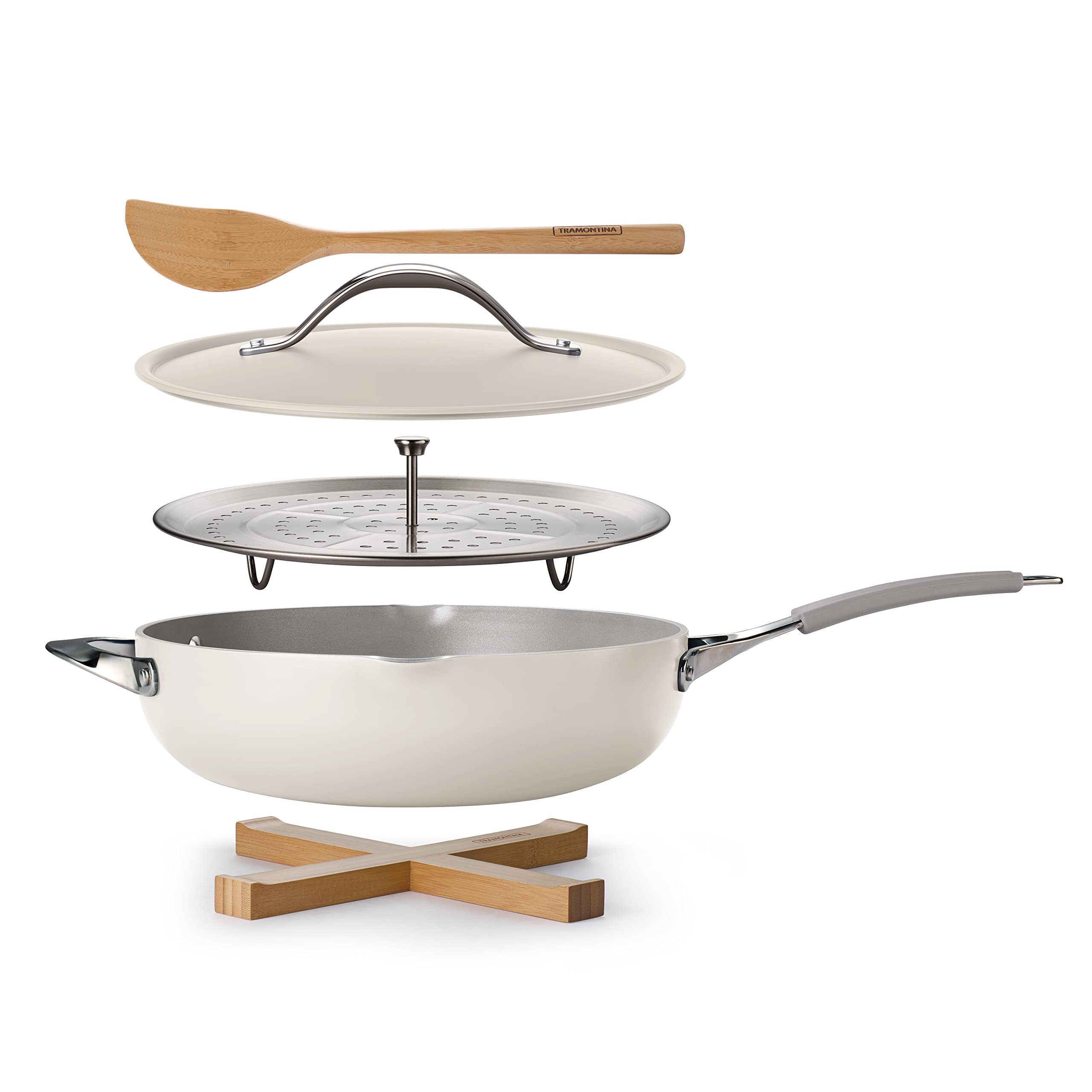 Tramontina All-In-One Plus Pan Set, 5-Quart Ceramic Non Stick Cooking Pan With Lid, Steamer Insert, Bamboo Utensil And Trivet, W