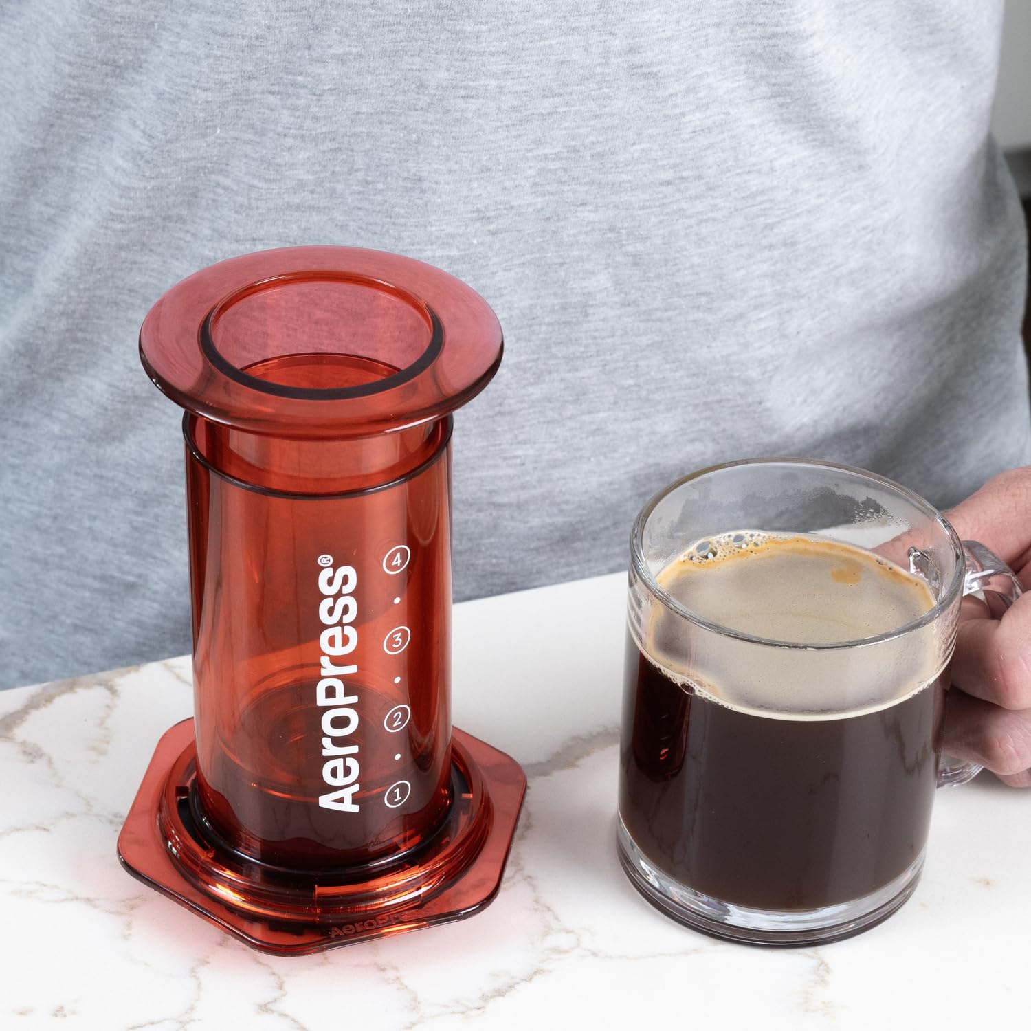Aeropress Clear Red Coffee Press - 3 In 1 Brew Method Combines French Press, Pourover, Espresso, Full Bodied Coffee Without Grit