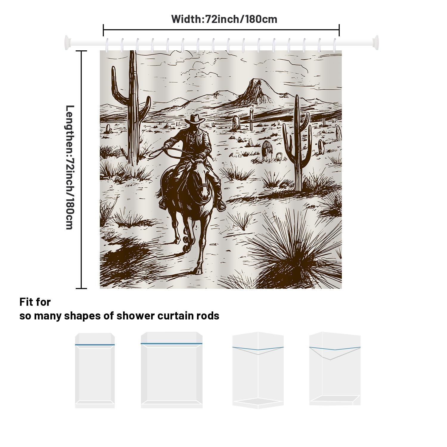 She Love Shower Curtain, 72x72 Inch Waterproof Polyester, Retro Cowboy Design, Cactus & Horse, Farmhouse Style
