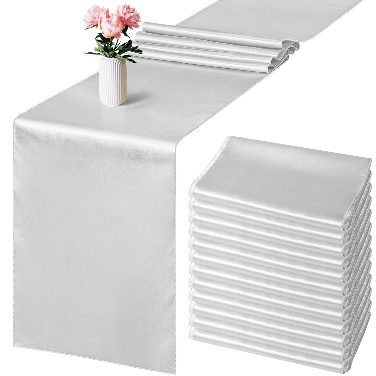 Aneco 12 Pack Satin Table Runner 12 X 108 Inch Light Silver Long Wedding Satin Silk Table Runner For Wedding Banquet Graduations