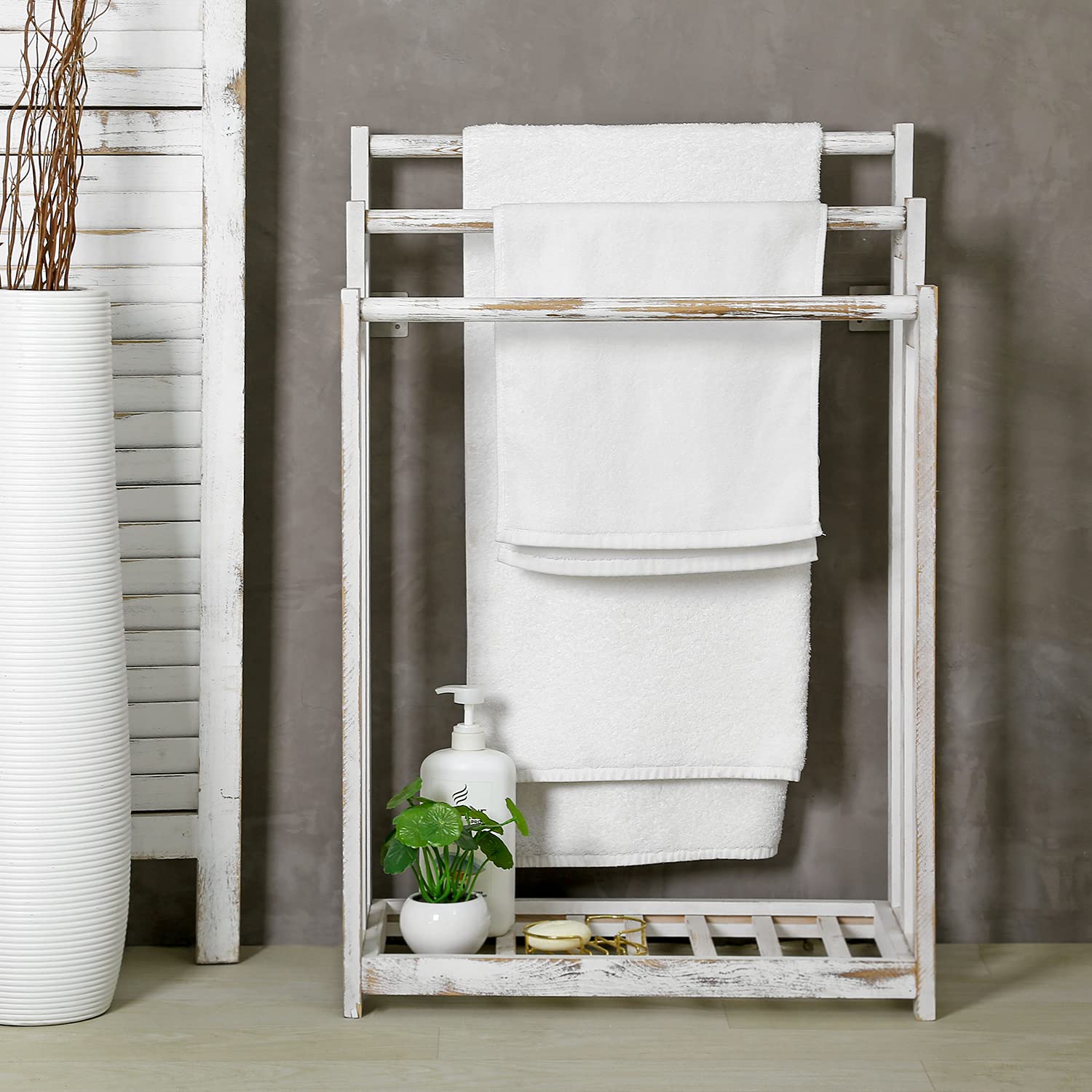 Mygift Shabby Whitewashed Wood Freestanding 3 Bar Towel Rack Holder With Bottom Storage Shelf, Laundry And Bathroom Towel Drying