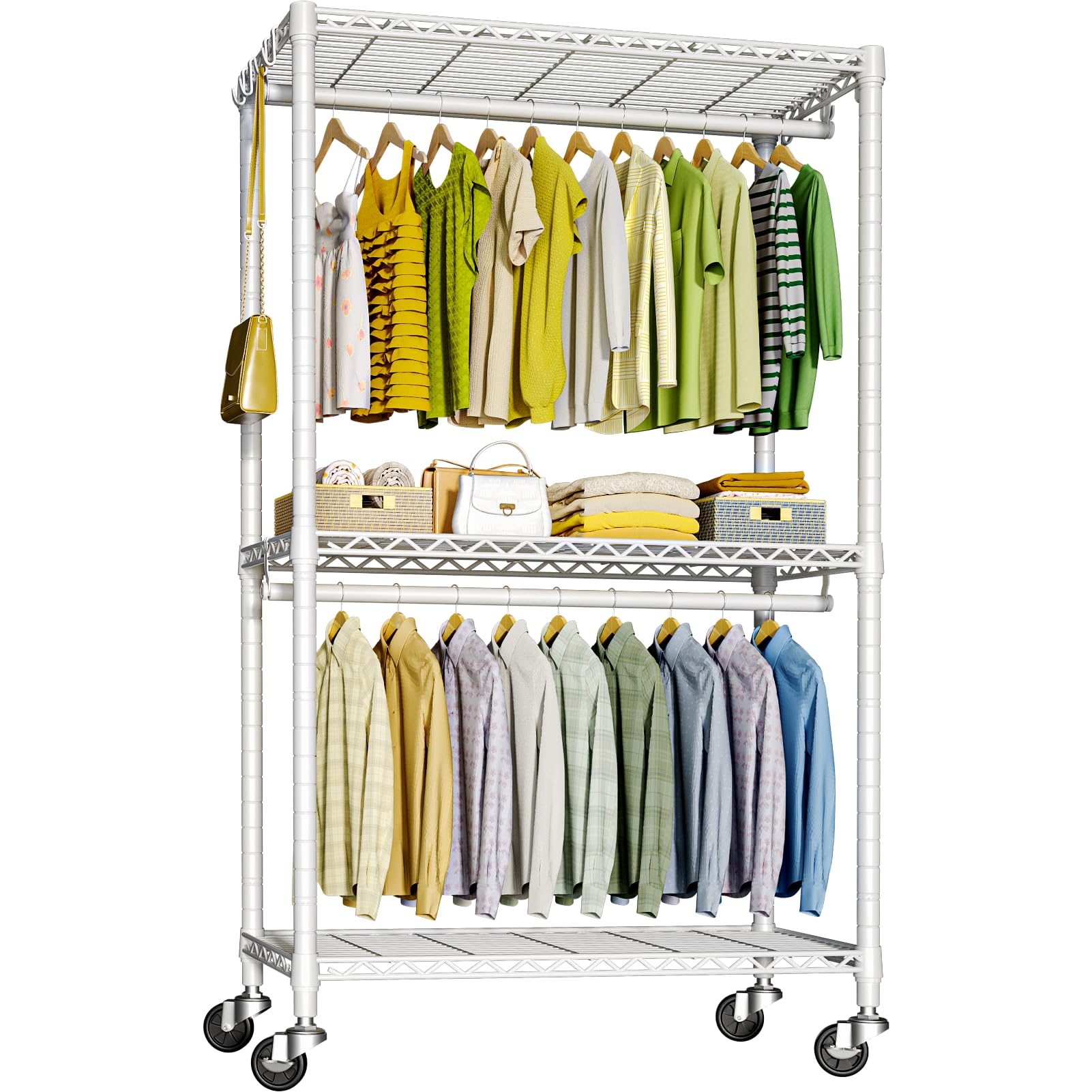 Futassi P3 Rolling Clothes Rack, Clothing Racks For Hanging Clothes, Heavy Duty Garment Rack With Wheels, Freestanding Portable