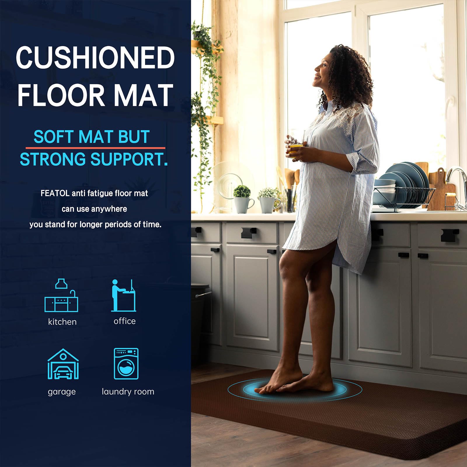 FEATOL Anti Fatigue Kitchen Floor Mat, Brown, Extra Thick Foam, 20" x 39", 9/10 Inch