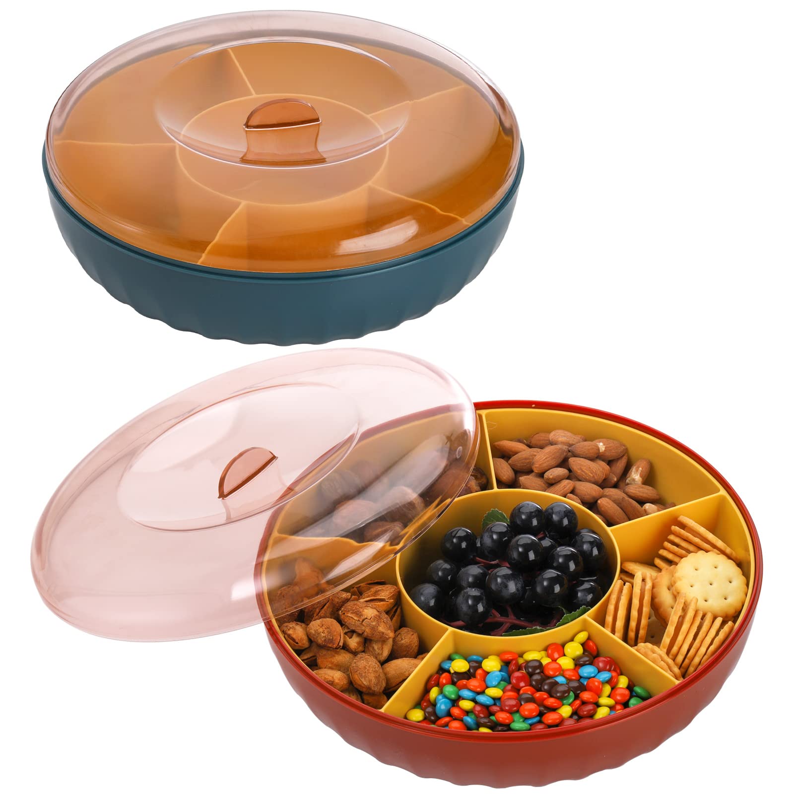 Soujoy 2 Pack Divided Serving Tray With Lid, 6 Compartment Appetizer Tray Tray, 10'' Round Reusable Snack Nuts Containers, Party