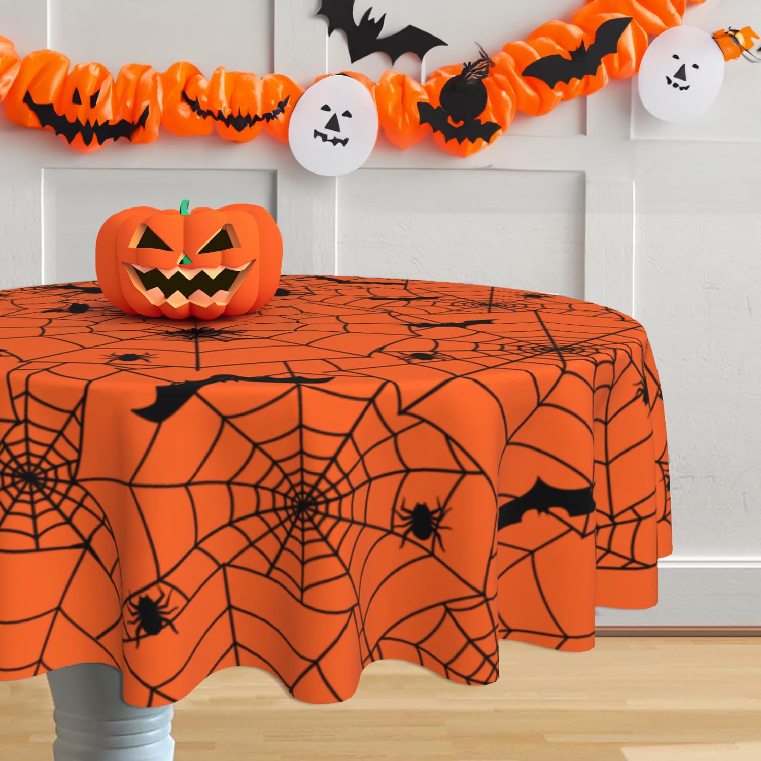 Suqkxco Halloween Tablecloth Spider Web Orange Round Tablecloth 60 Inch Table Cloths Cover Mat Spill Proof Table Covers For Kitc