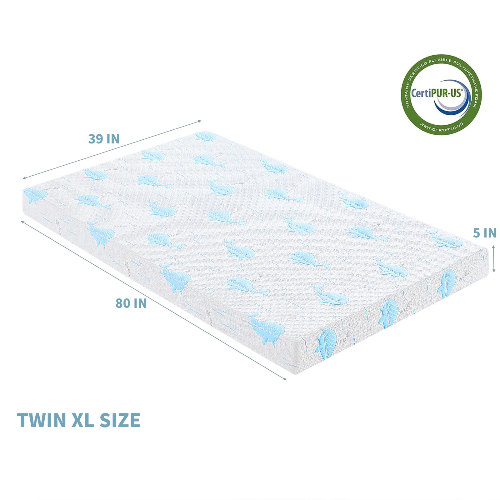 Ouui 5 Inch Twin Xl Mattress, Removable Washable Cover With Whales Pattern Cooling Memory Foam Medium Feel, Bed-In-A-Box, Certip