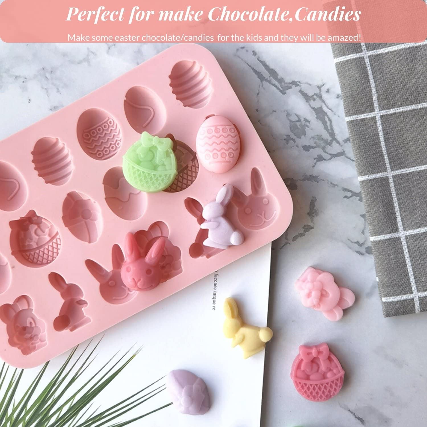 Crethinkaty 1 Pieces Easter Silicone Chocolate Moulds 18 Cavity Egg,Bunny, Rabbit Head,Basket Shapes Mould For Diy Chocolate,Can