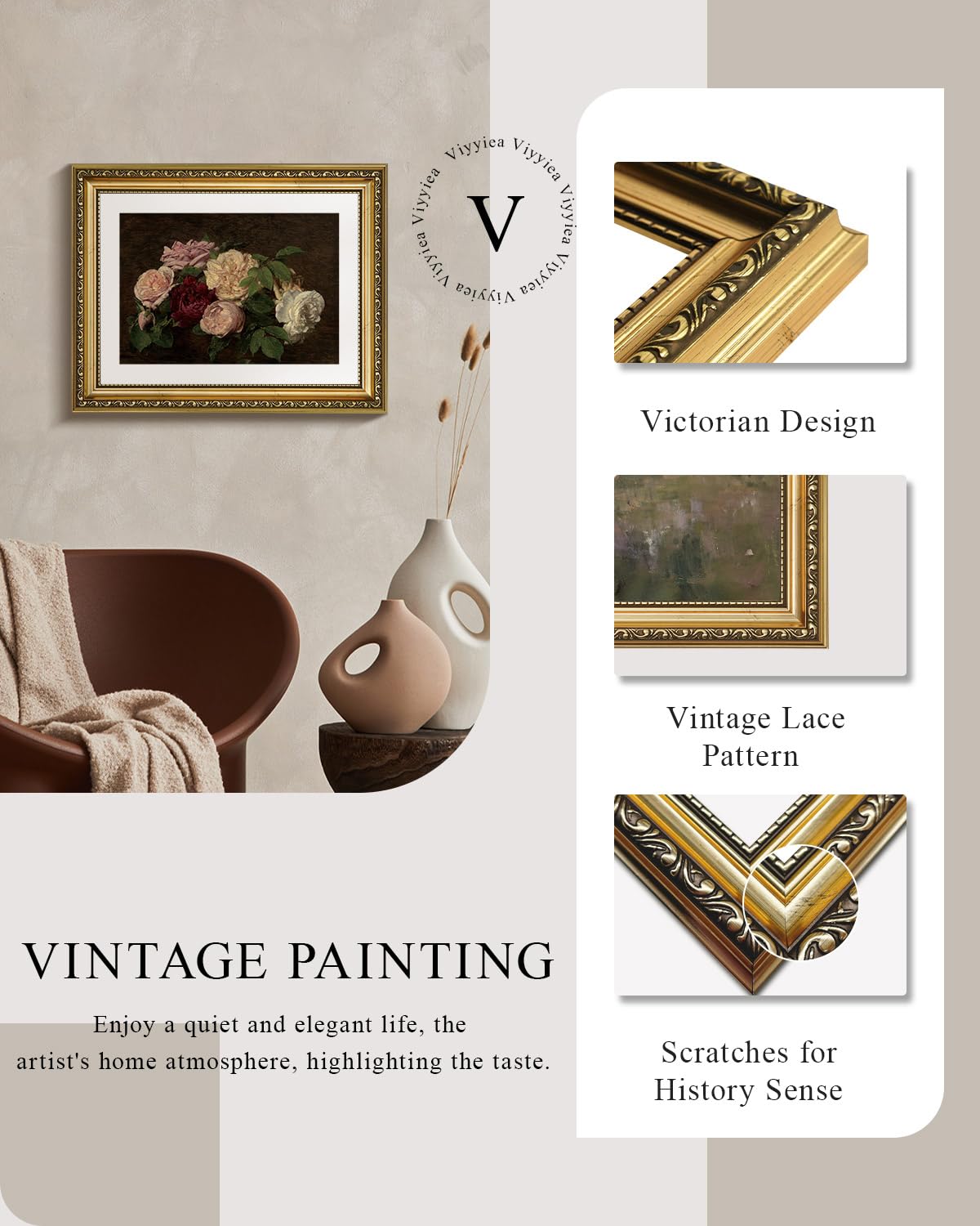 Viyyiea Gold Framed Wall Art Canvas Print Home Decor Rose Vintage Botanical Prints Room Decor Flower Paintings Canvas Art Pictur