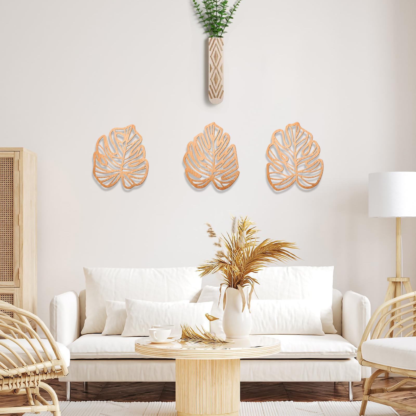 Palm Leaves Wood Wall Decor , 3Pcs Tropical Wall Art Jungle Decor, Wooden Natural Leaves Plant Wall Decor, Vintage Tropical Plan