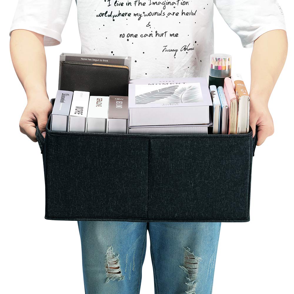 HOONEX Linen Foldable Storage Bins with Lids  2 Pack  Storage Boxes with Carrying Handles and Study Heavy Cardboard  16.5'' L x 11.8'' W x 7.5'' H for Toy  Shoes  Books  Clothes  Nursery  Dark Grey