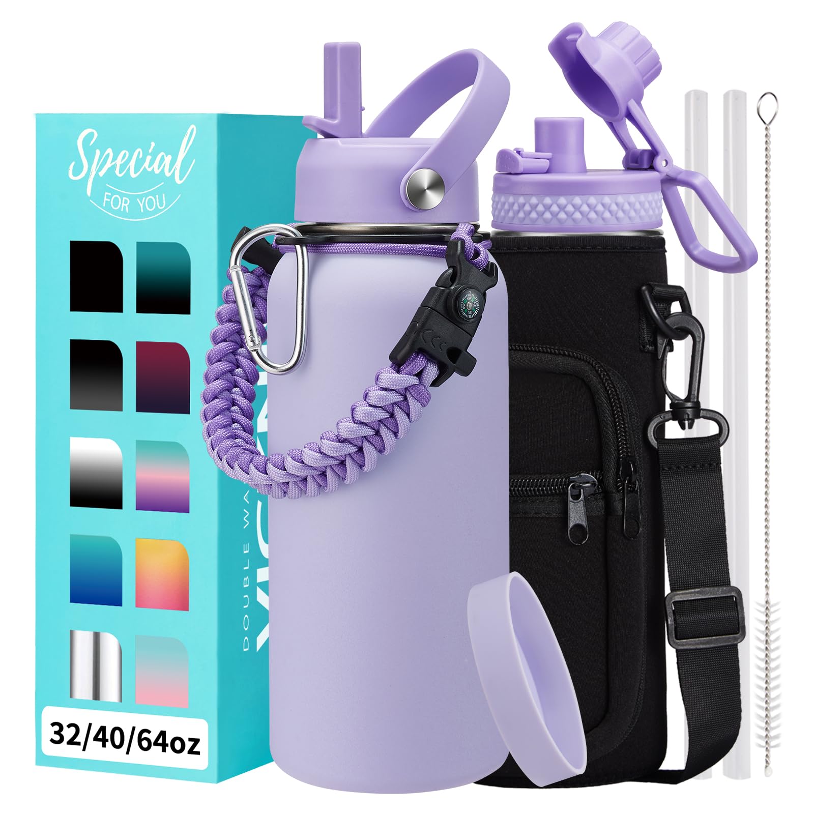 32/40/64 OZ Insulated Water Bottle - with Straw Spout Lid, 32 oz Water Bottles Sleeve, Paracord Handle, Protective Boot, Metal T