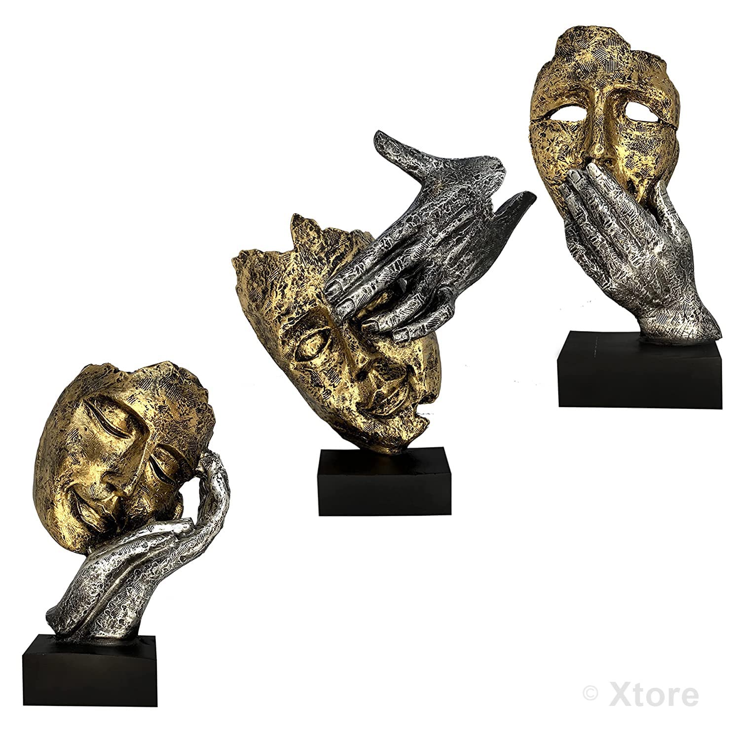 Xtore Human Face Decorative Statues | Handcrafted And Hand Painted (Pack Of 3, Gold & Silver)