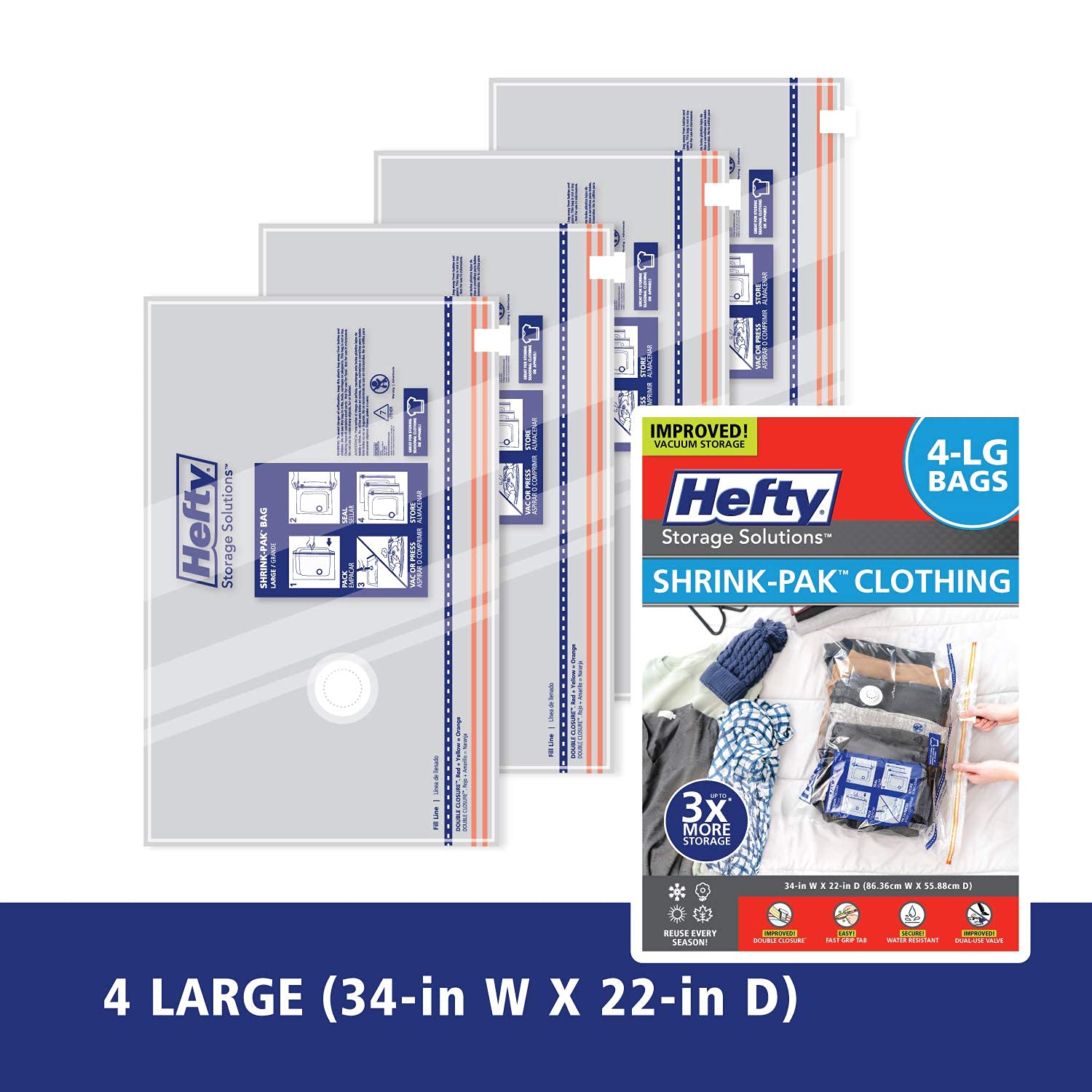 Hefty Shrink-Pak - 4 Large Vacuum Storage Bags For Storage For Clothes, Pillows, Towels, Or Blankets - Space Saver Vacuum Sealer
