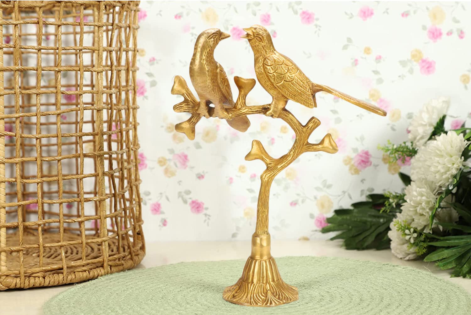Kartique Brass Love Birds Sitting On Tree's Branch Couple Statue Decorative Bird Pair Sculpture Romantic Gifts | Height 10''