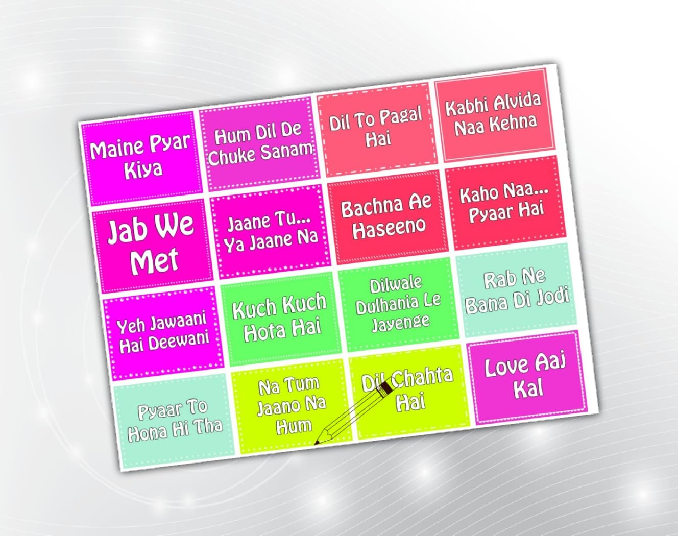 PartyStuff Props  Romantic Bollywood Movie Names (16 Piece)