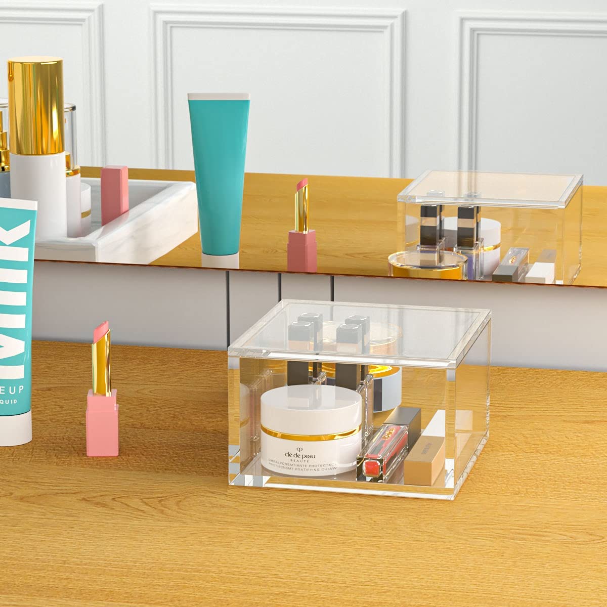 AITEE Decorative Acrylic Box with Lid, Clear Cube Display Case, Multi-Purpose Box Square Container for Holding Staples, Highligh