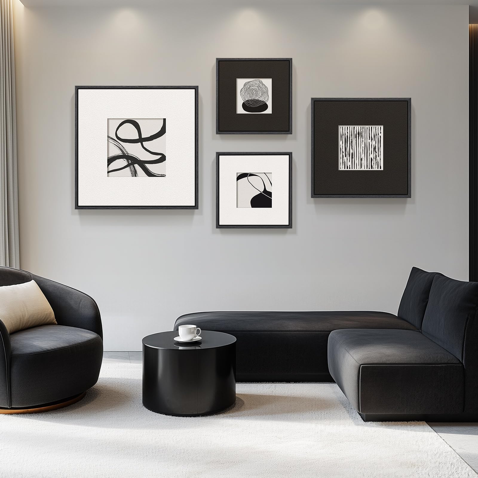 Framed 3D Textured Black And White Abstract Wall Art For Living Room, 4 Piece Modern Paintings Artwork For Walls, Black White Mi